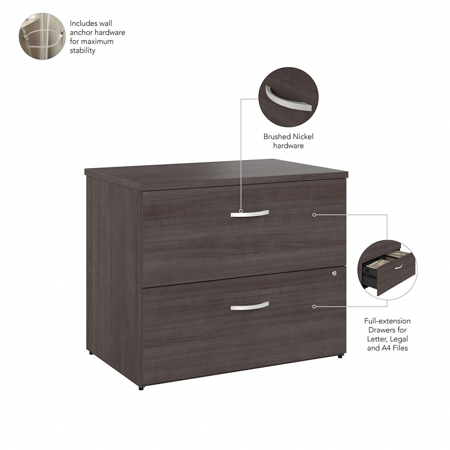 Bush Business Furniture Hybrid 35-11/16inW x 23-3/8inD Lateral 2-Drawer File Cabinet With Shelves, Storm Gray, Standard Delivery - Image 5