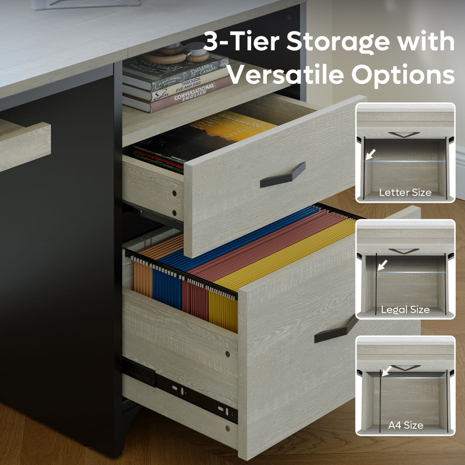 Bestier 56inW Office Desk With Drawers & Tray, White Wash - Image 6