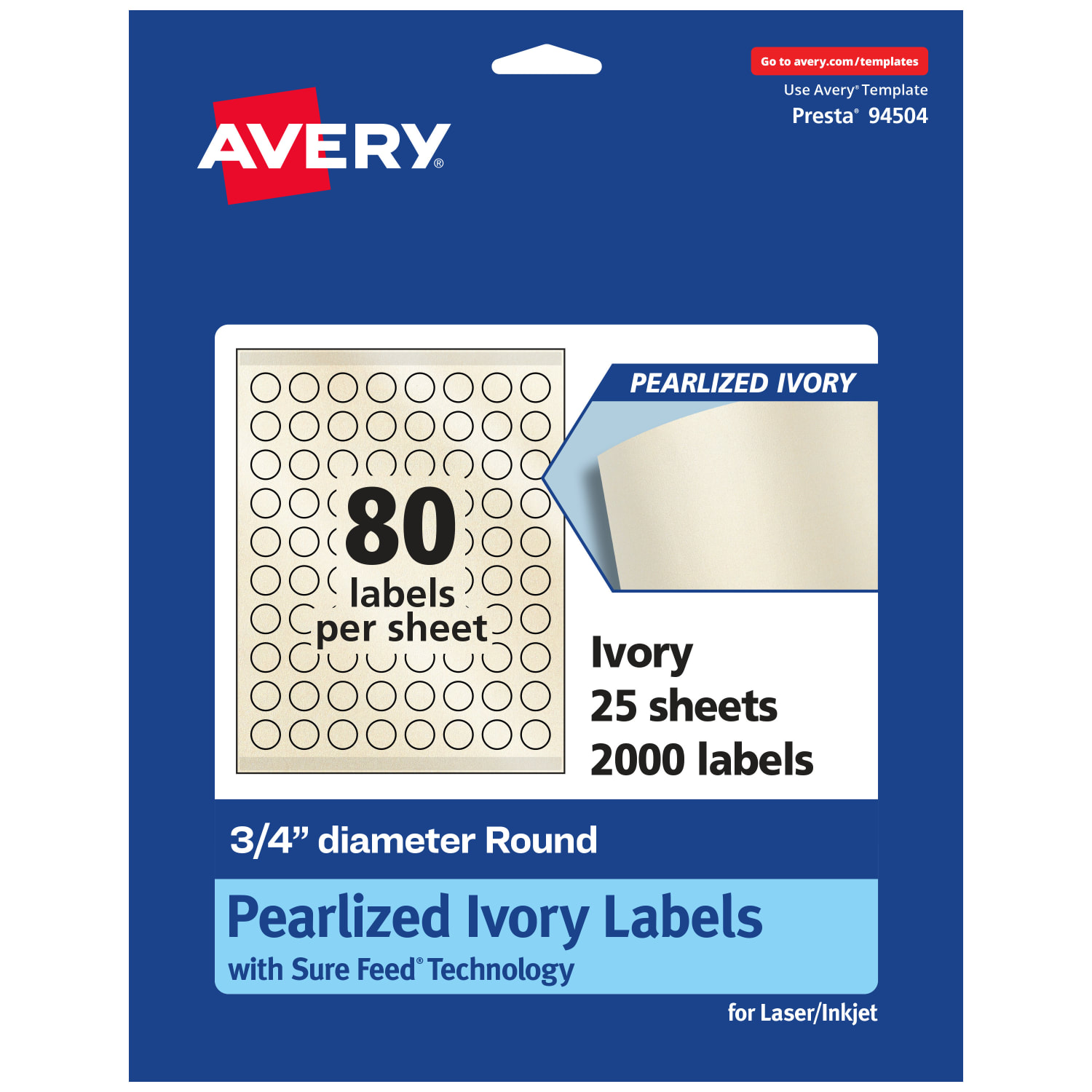 Avery Pearlized Permanent Labels With Sure Feed, 94504-PIP25, Round, 3/4in Diameter, Ivory, Pack Of 2,000 Labels