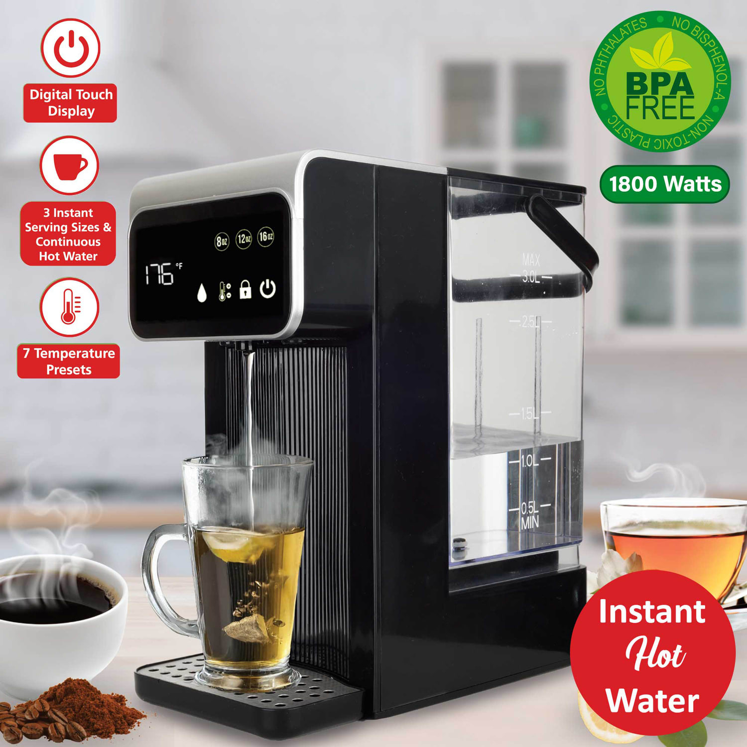 Brentwood 2.7-Qt. 1,800-Watt Digital Instant Hot Water Dispenser, Black, KT-2300DBK - Image 3