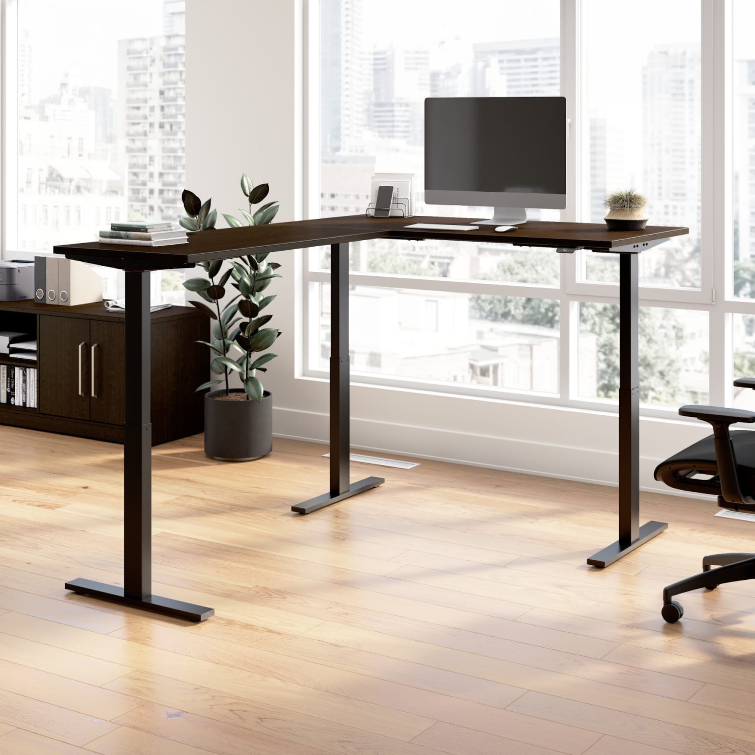 Bush Business Furniture Move 60 Series 60inW Height Adjustable L Shaped Standing Desk, Mocha Cherry/Black Powder Coat, Standard Delivery