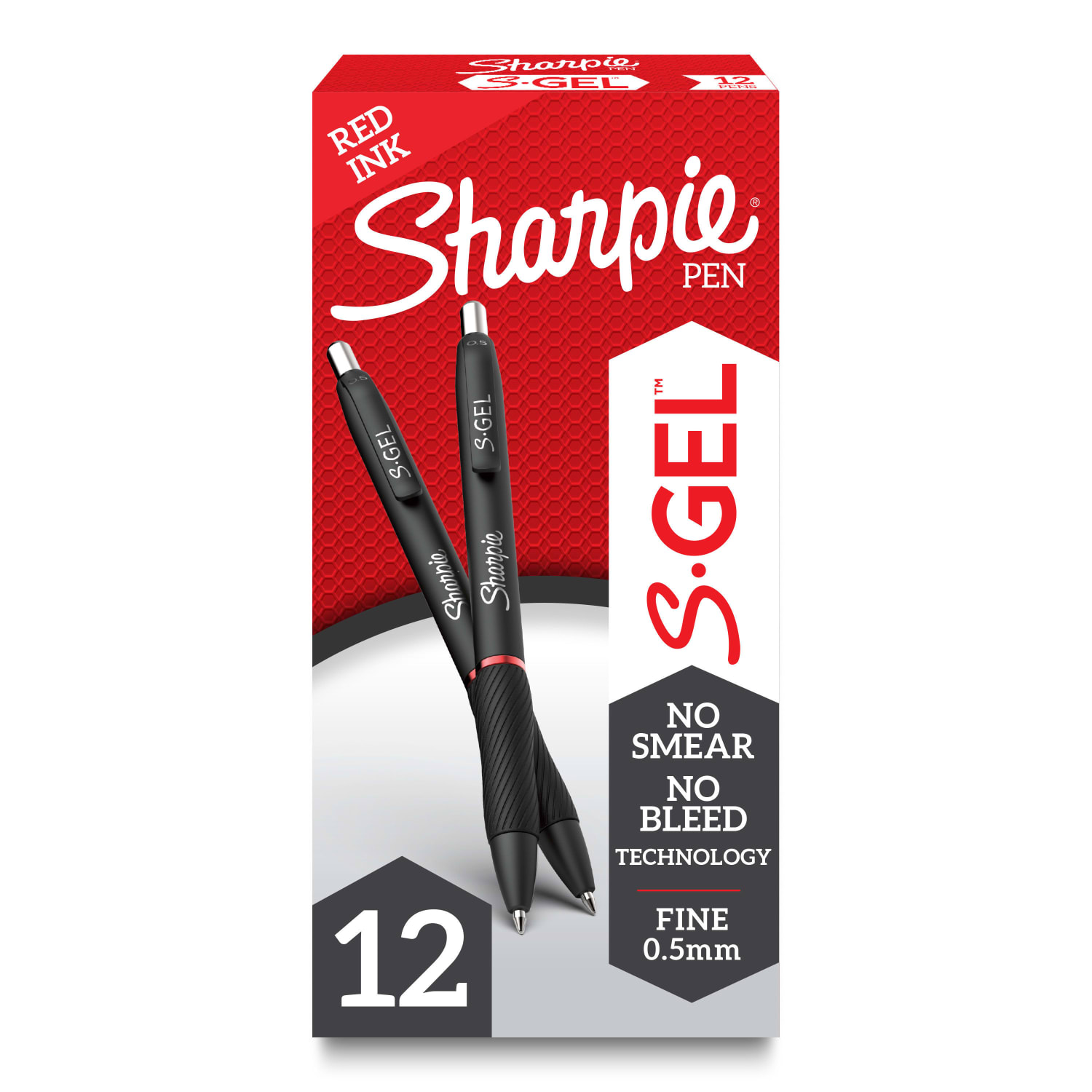Sharpie S Gel Pens, Fine Point, 0.5 mm, Black/Red Barrel, Red Ink, Pack Of 12 Pens