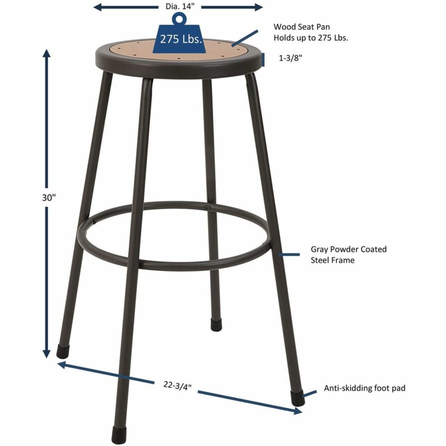 Lorell Metal Shop Stool - Wood, Medium Density Fiber (MDF) Seat Material - Light Gray - Metal - 1 Each - Image 5