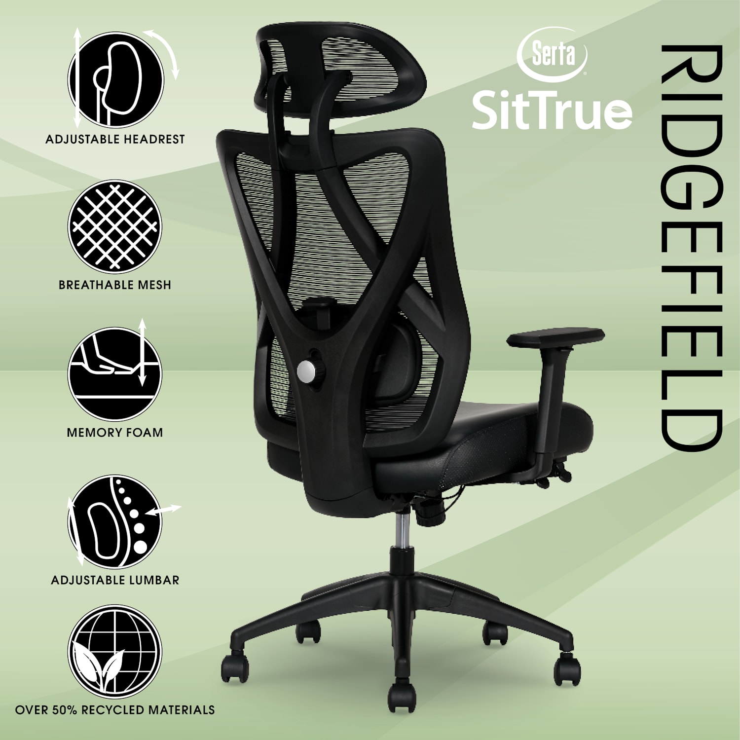 Serta SitTrue Ridgefield Ergonomic Mesh/Vegan Leather High-Back Task Office Chair, Black - Image 4