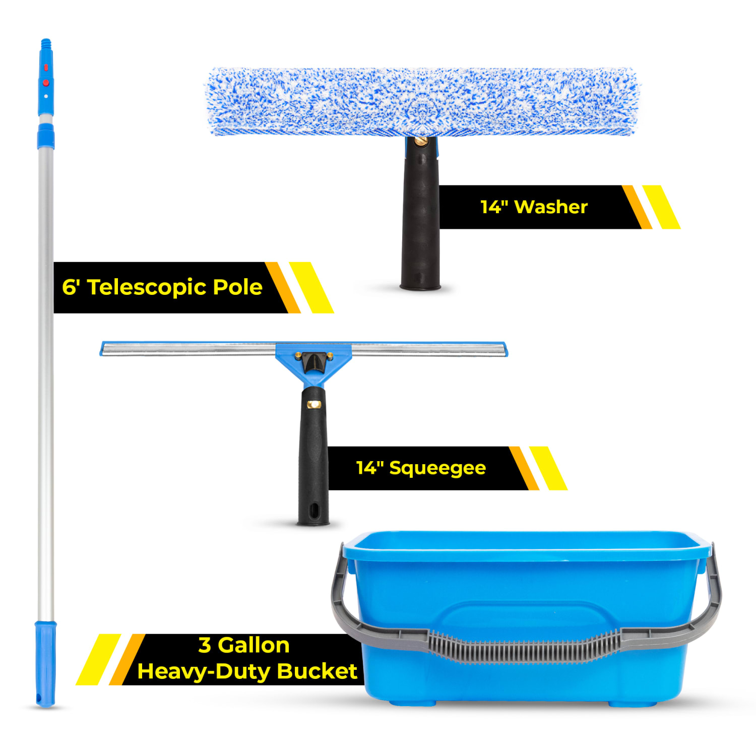 Gritt Commercial Pro Window Washing Kit with with 14in Squeegee, 14in Washer, 6ft Telescopic Pole and 3 Gallon Heavy-Duty Bucket - Image 3