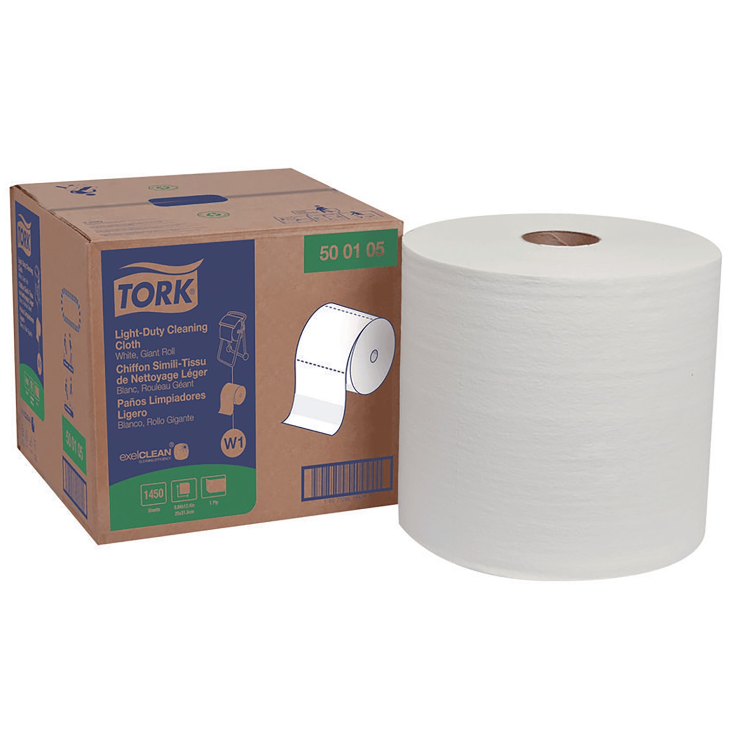 Tork Light Duty Cleaning Cloth, Giant Roll, 1-Ply, 9 x 12.4, White, 1,450 Sheet Roll/Carton