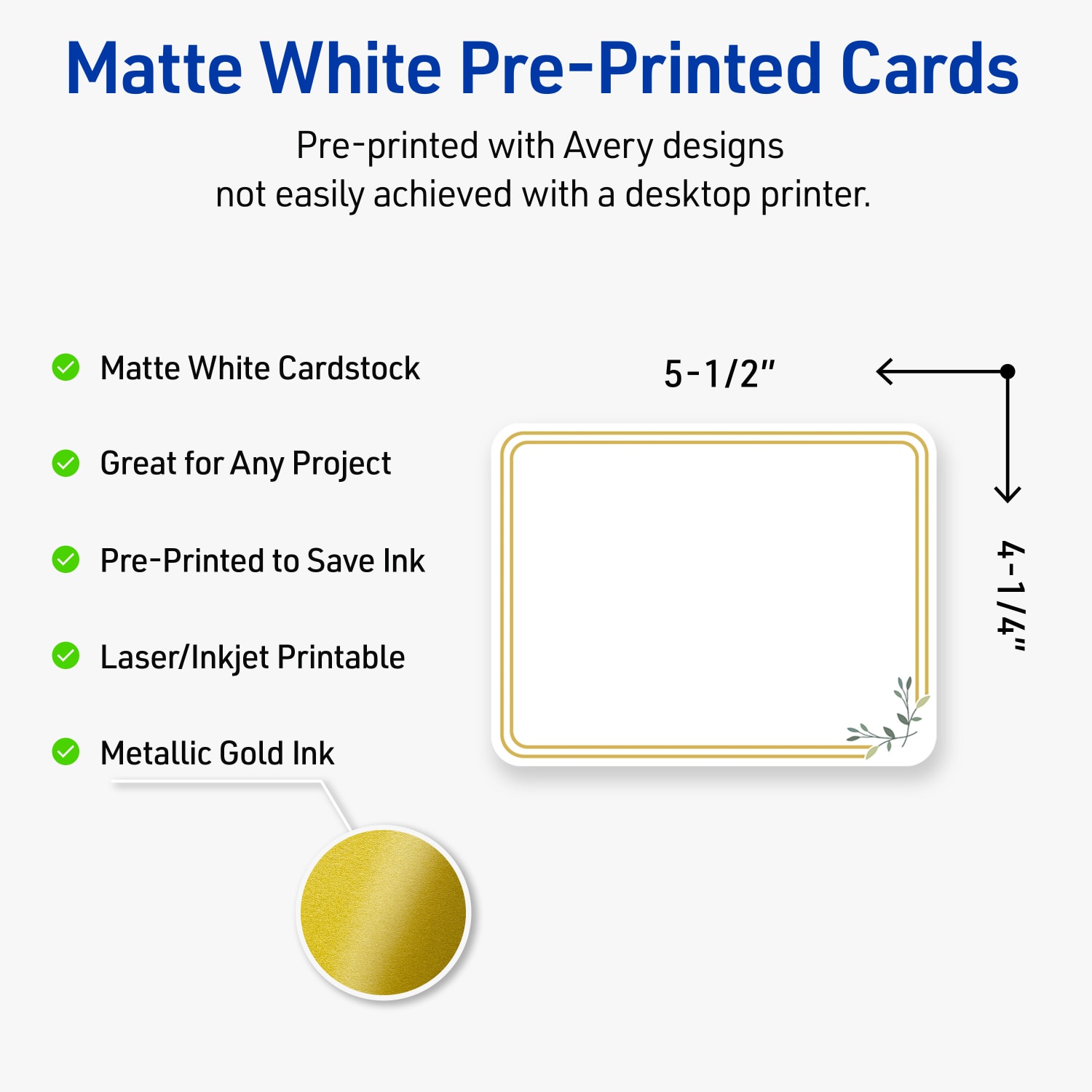 Avery Printable Postcards With Sure Feed Technology, 4.25in x 5-1/2in, Matte White With Gold Double Border Floral Design, Pack Of 20 - Image 4