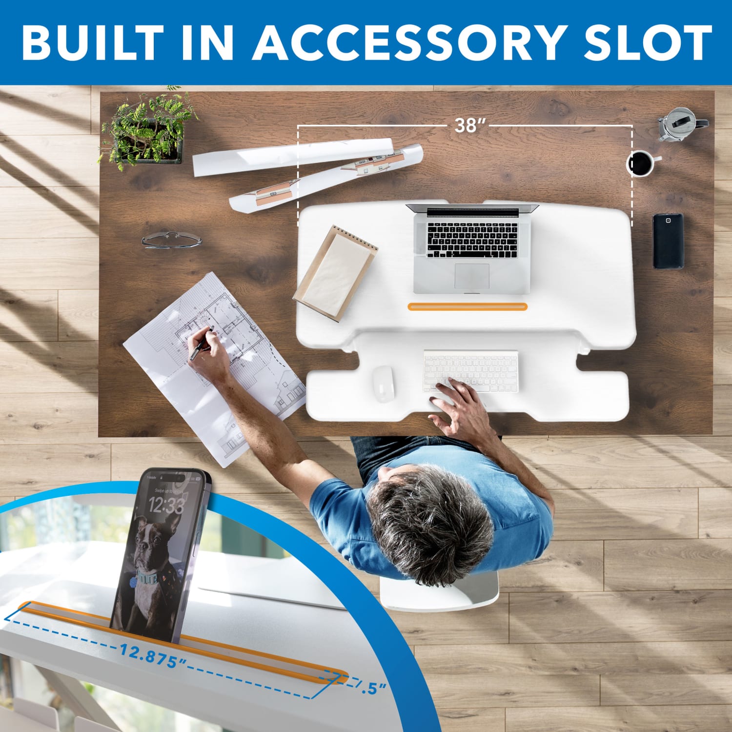Mount-It! 38inW Standing Desk Converter With Adjustable Height, White - Image 3
