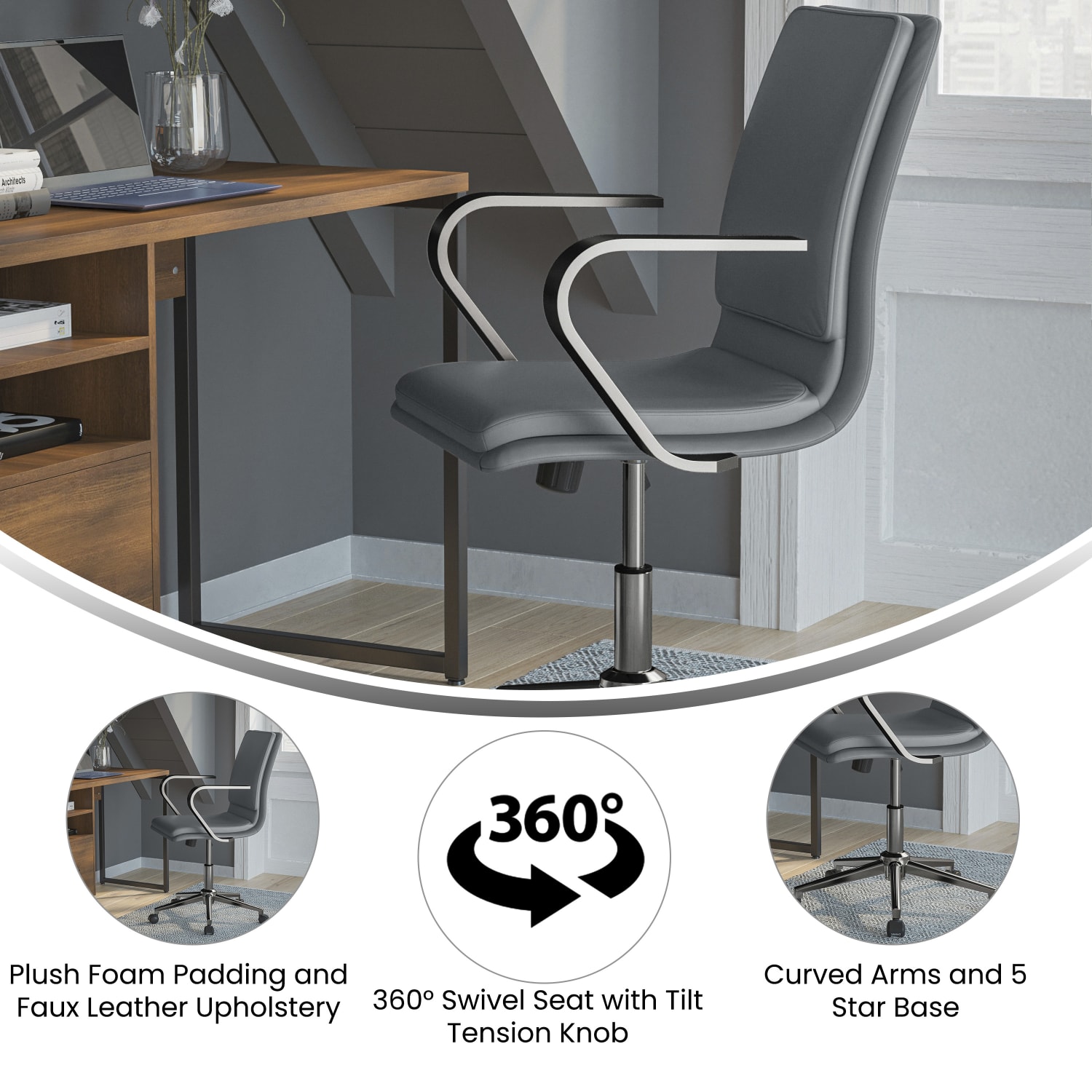 Flash Furniture James Faux Leather Mid-Back Designer Executive Upholstered Office Chair, Gray/Chrome - Image 5