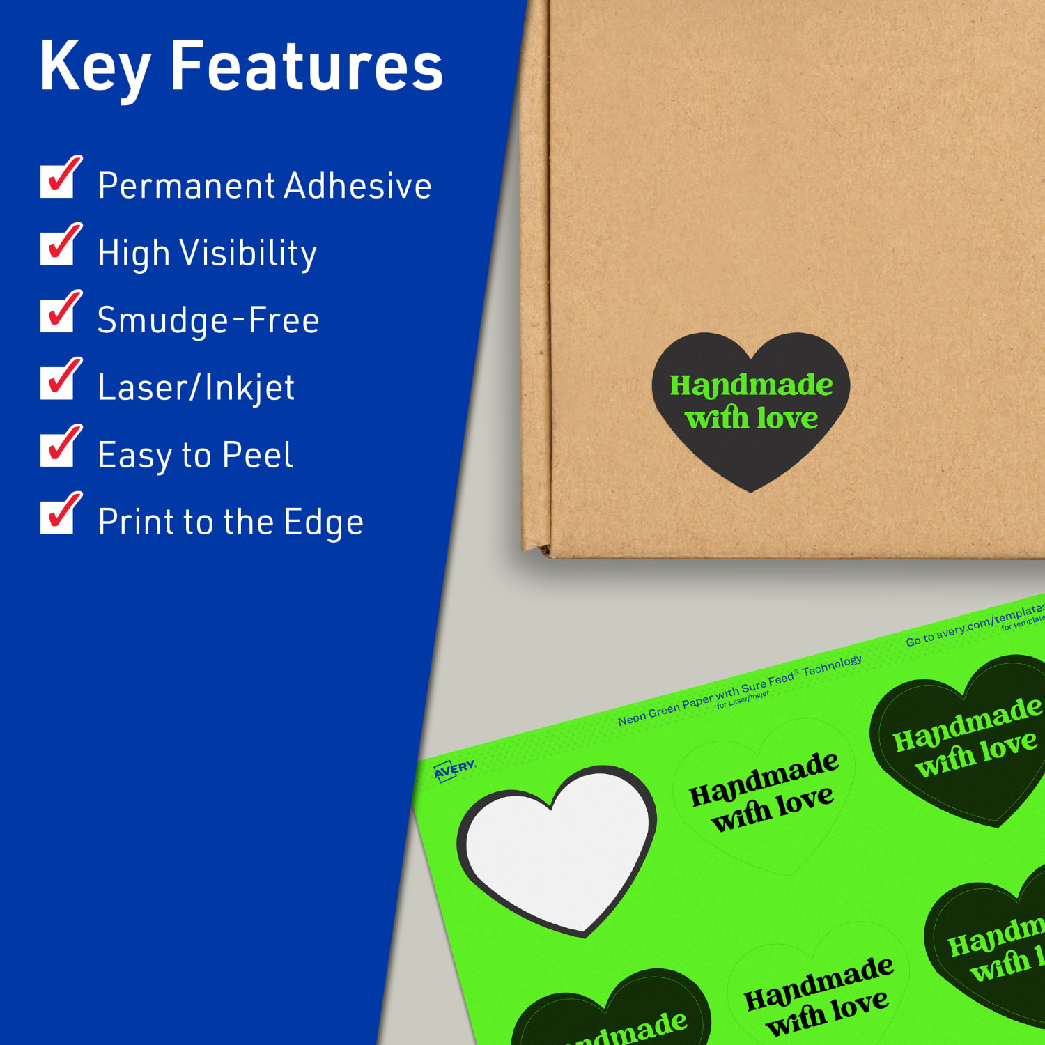 Avery Print-To-The-Edge Labels With Sure Feed Technology, 94603-NGP40, Heart, 2-9/32in x 1-27/32in, Matte Neon Green, Pack of 480 - Image 3