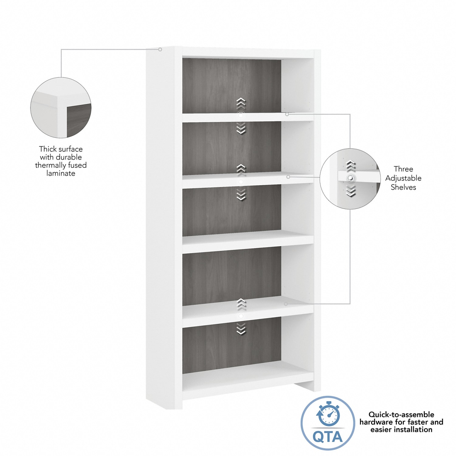 Bush Business Furniture Echo 66inH 5-Shelf Bookcase, Pure White/Modern Gray, Standard Delivery - Image 4