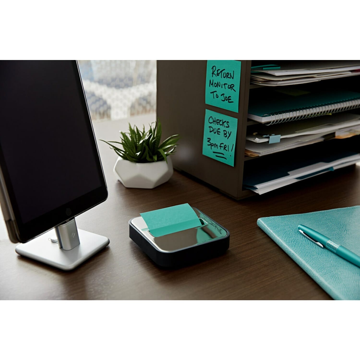 Post-it Pop Up Notes Dispenser, 3 in x 3, 1 Dispenser, 1 Pad, 45 Sheets/Pad, Clean Removal, Black Base with Steel Top - Image 4