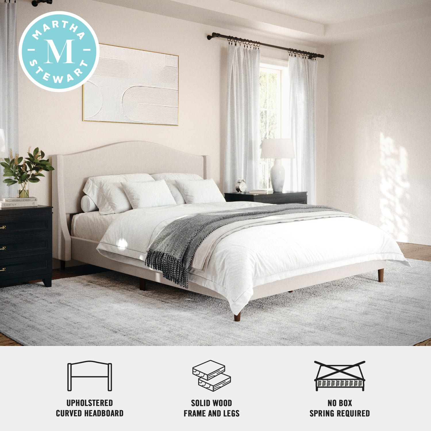 Martha Stewart Amelia Upholstered Platform Bed with Curved Headboard and Cushioned Siderails - TW3WDB02BQBG - Image 4