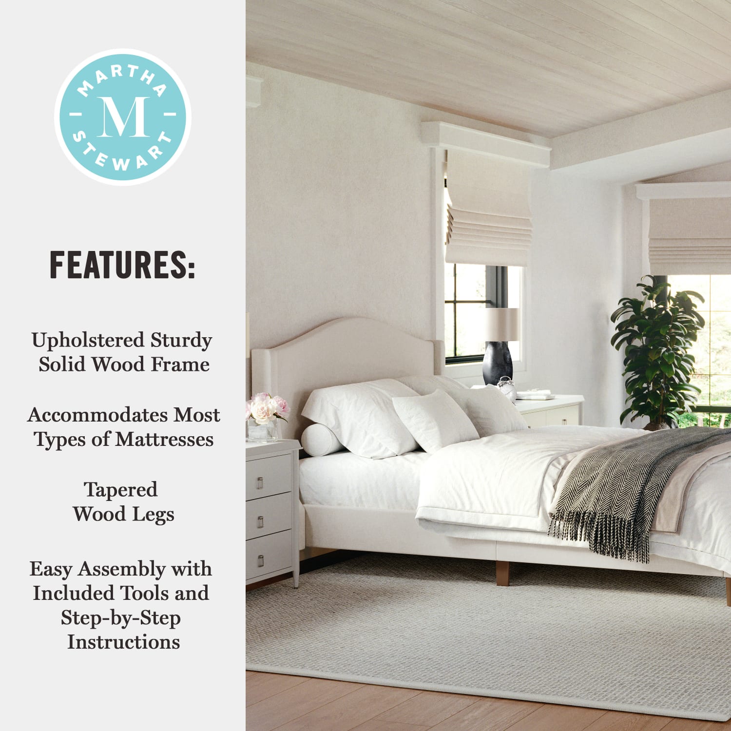 Martha Stewart Amelia Upholstered Platform Bed with Curved Headboard and Cushioned Siderails - TW3WDB02BQBG - Image 5