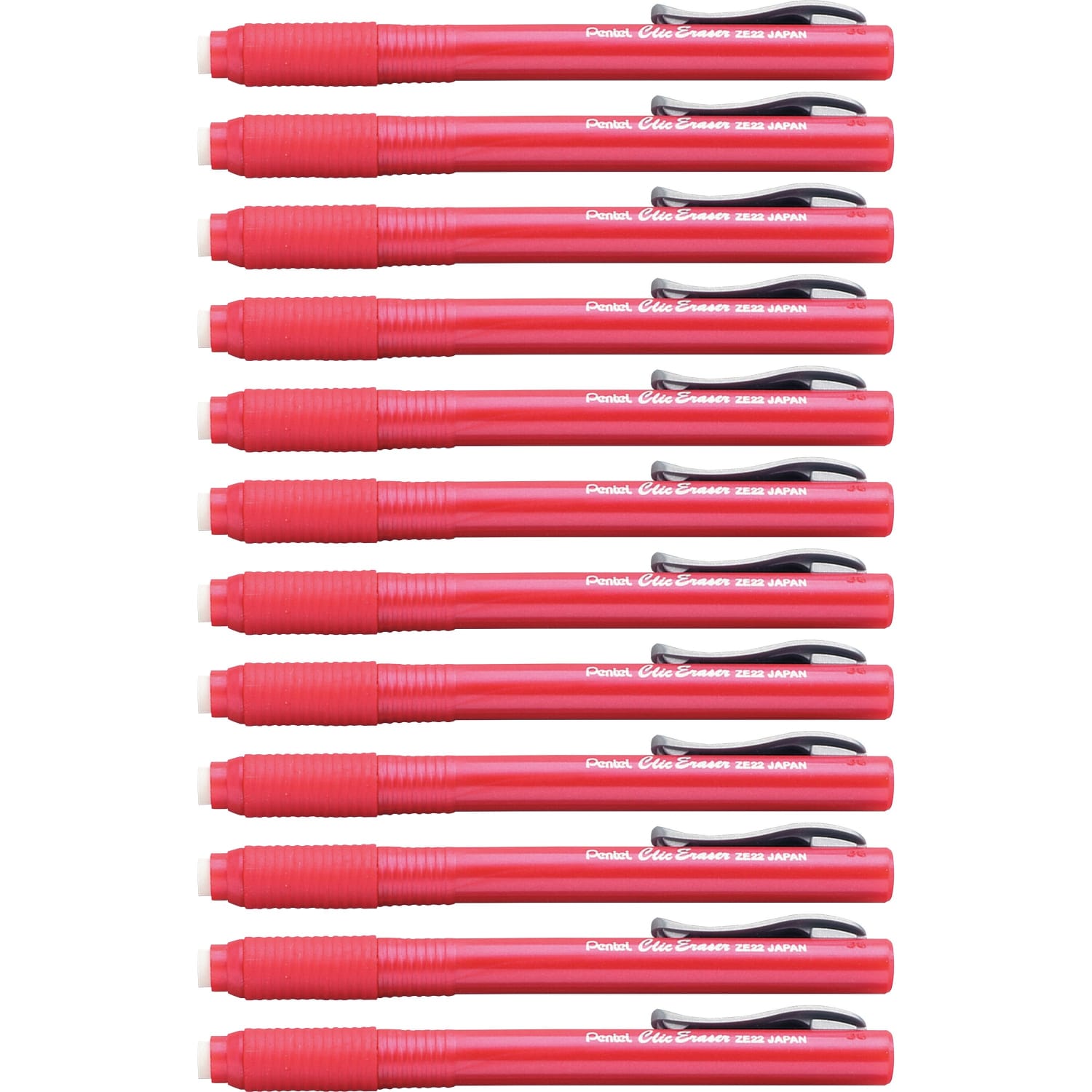 Pentel Rubber Grip Clic Eraser - Red Barrel - Pen - Refillable - 12 / Box - Retractable, Latex-free Grip, Pocket Clip, Ghost Resistant, Non-abrasive