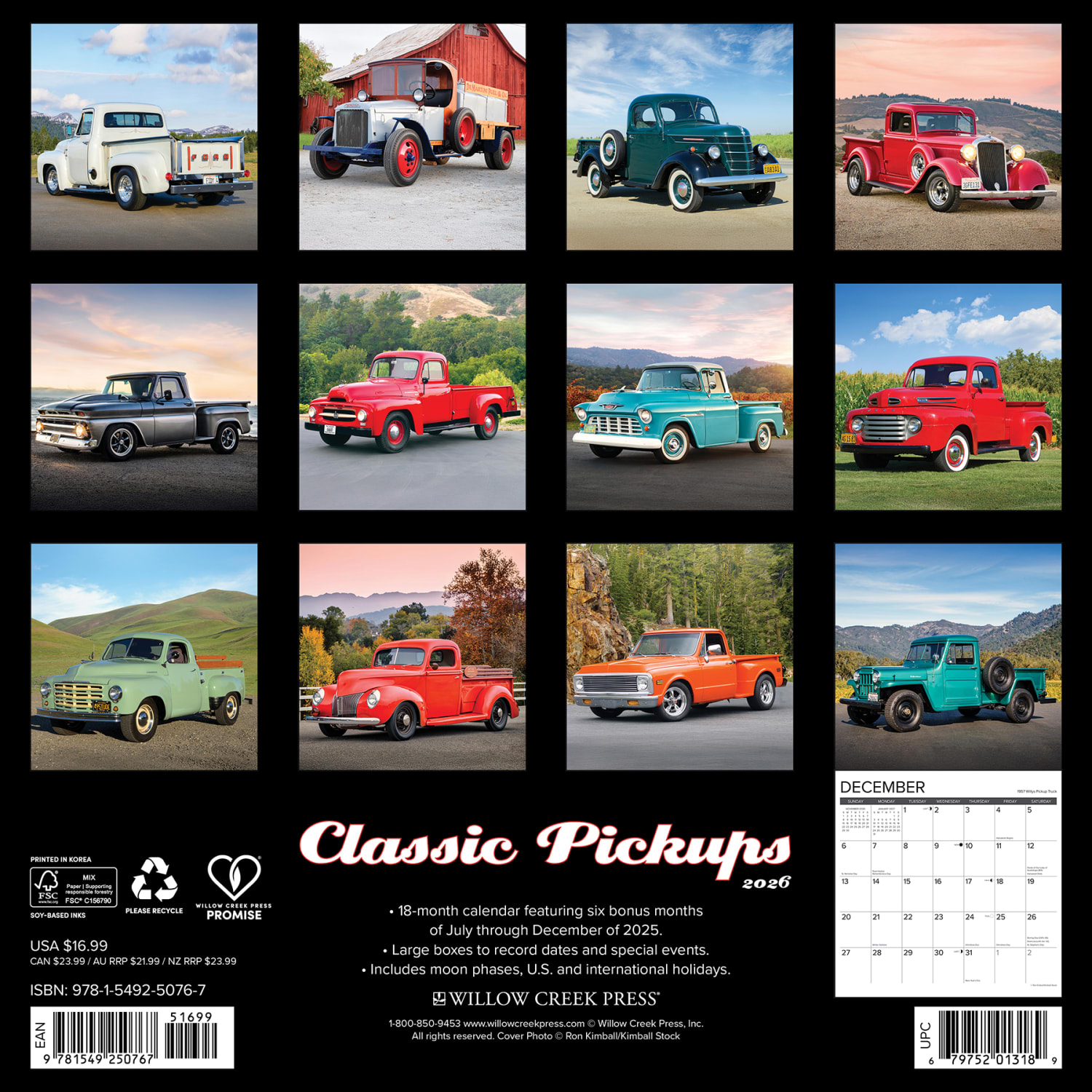 2026 Willow Creek Press Art & Design Monthly Wall Calendar, 12in x 12in, Classic Pickups, January To December, 50767 - Image 6