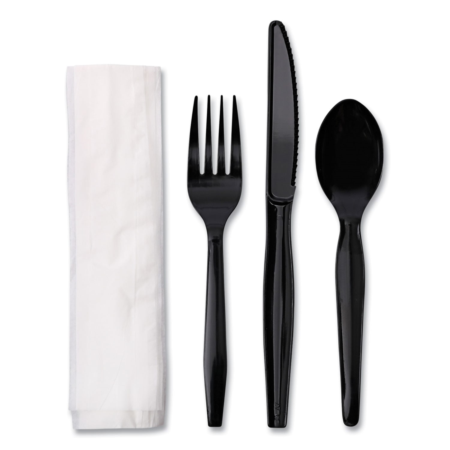 Boardwalk 4-Piece Cutlery Kits, Fork/Knife/Napkin/Teaspoon, Black, Carton Of 250 Kits
