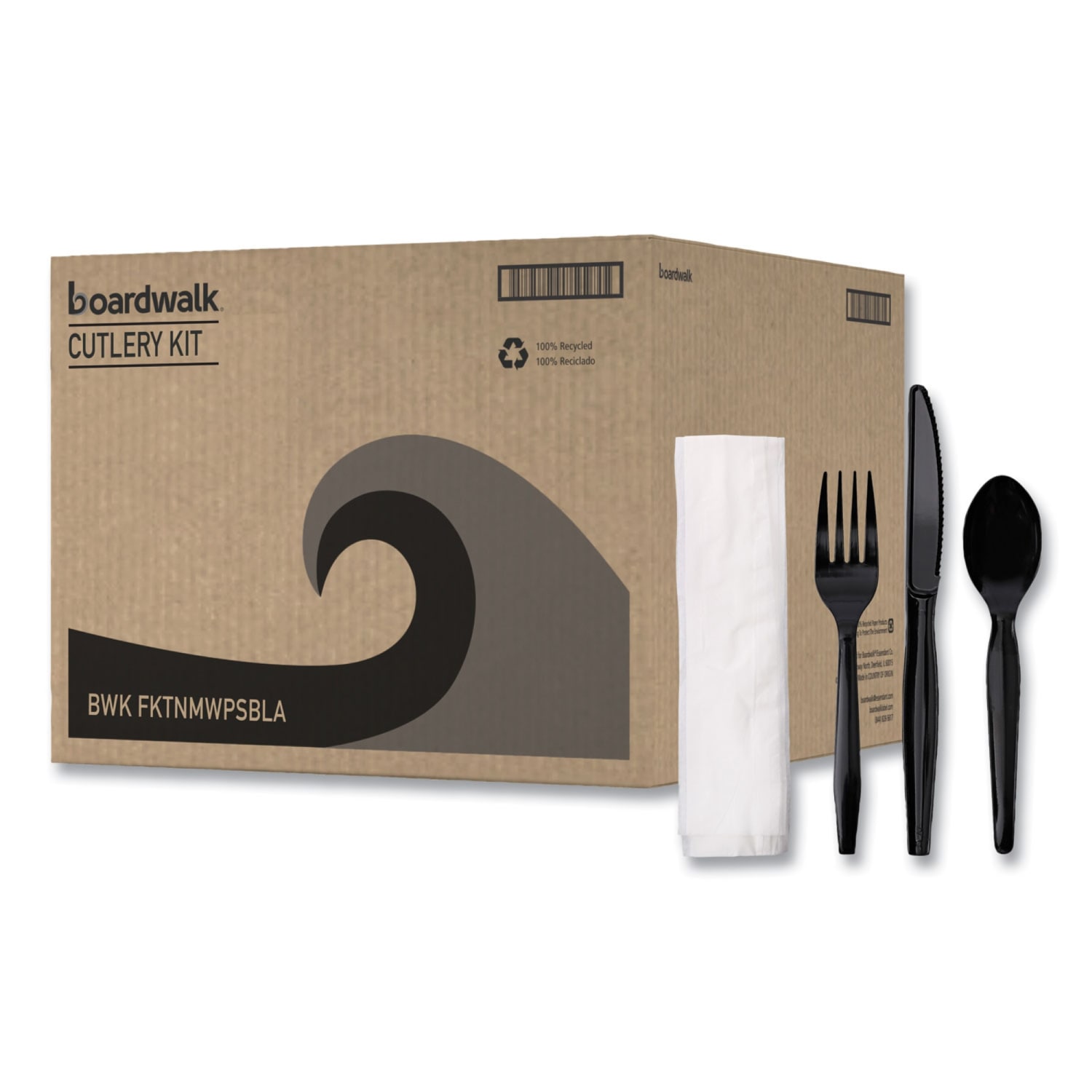 Boardwalk 4-Piece Cutlery Kits, Fork/Knife/Napkin/Teaspoon, Black, Carton Of 250 Kits - Image 3