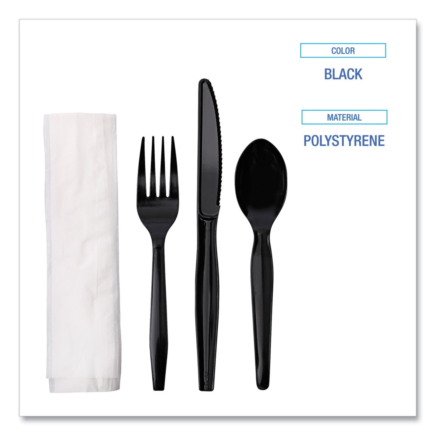 Boardwalk 4-Piece Cutlery Kits, Fork/Knife/Napkin/Teaspoon, Black, Carton Of 250 Kits - Image 6