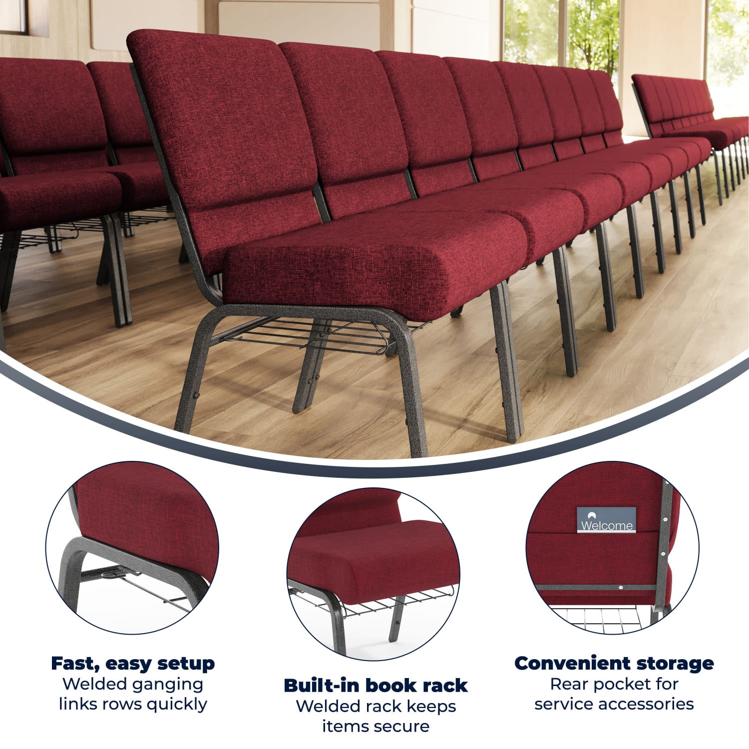 Flash Furniture HERCULES Series Church Chair With Book Rack, Crimson/Silver Vein - Image 4