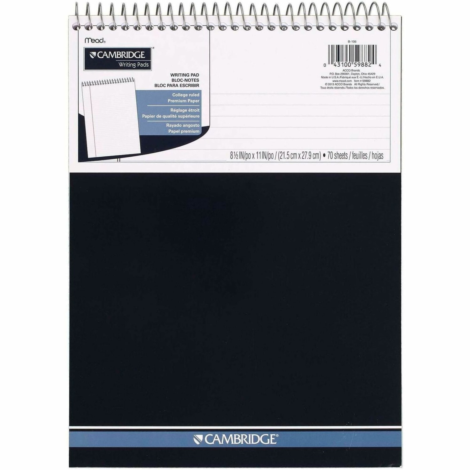Cambridge Stiff-Back Wire-Bound Notepad, Letter Size, College Rule, Navy