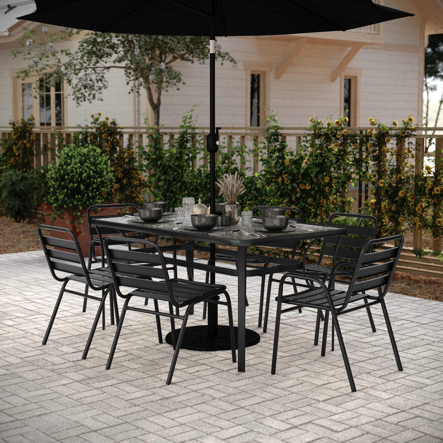 Flash Furniture Lila 7 Piece Commercial Outdoor Patio Dining Set with Glass Patio Table, 4 Triple Slat Chairs, and 2 Triple Slat Chairs with Arms, Black - Image 3