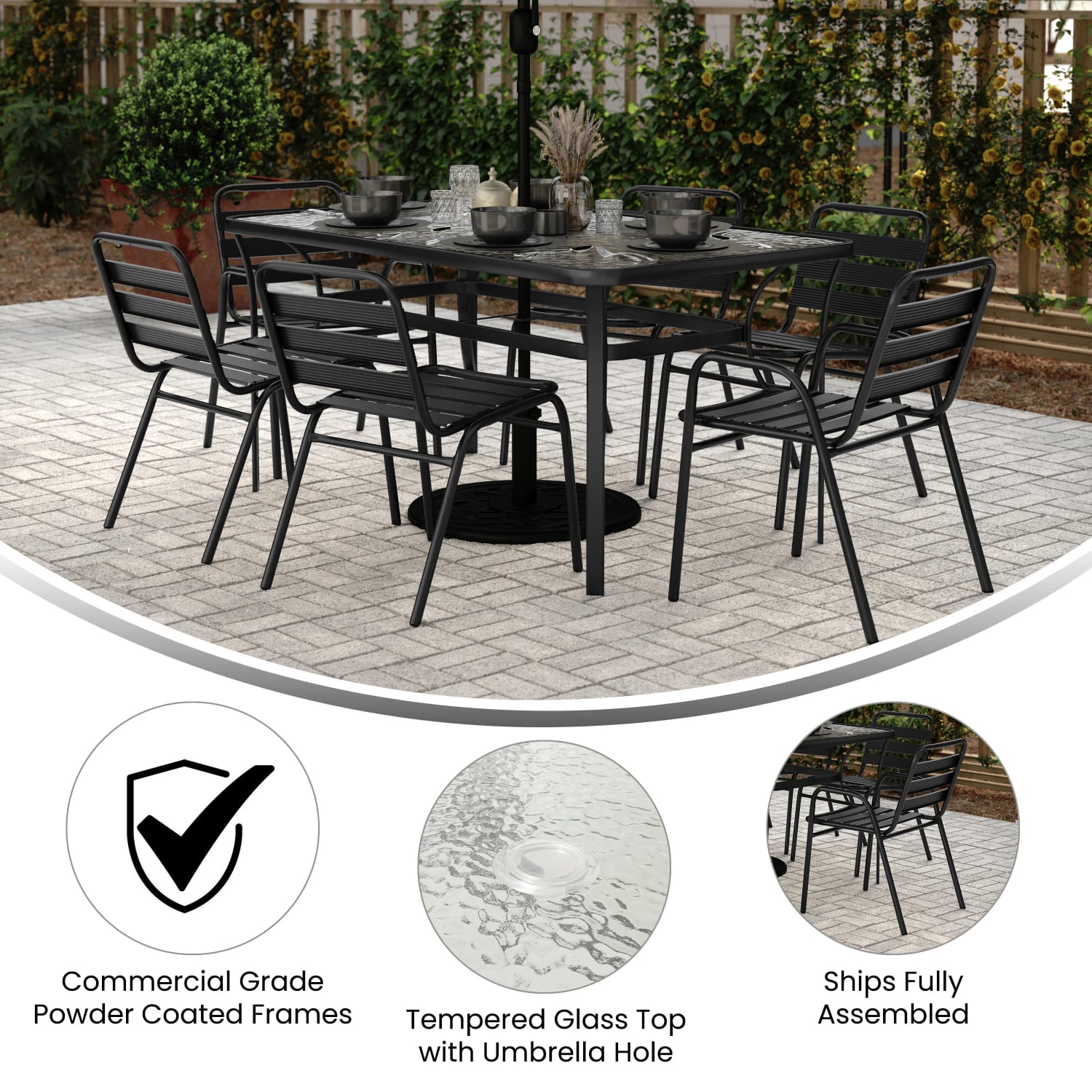 Flash Furniture Lila 7 Piece Commercial Outdoor Patio Dining Set with Glass Patio Table, 4 Triple Slat Chairs, and 2 Triple Slat Chairs with Arms, Black - Image 4
