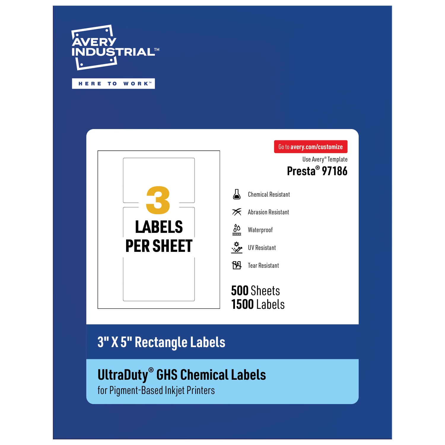 Avery Ultra Duty Permanent GHS Chemical Labels, 97186-WMUI500, Rectangle, 3in x 5in, White, Pack Of 1,500