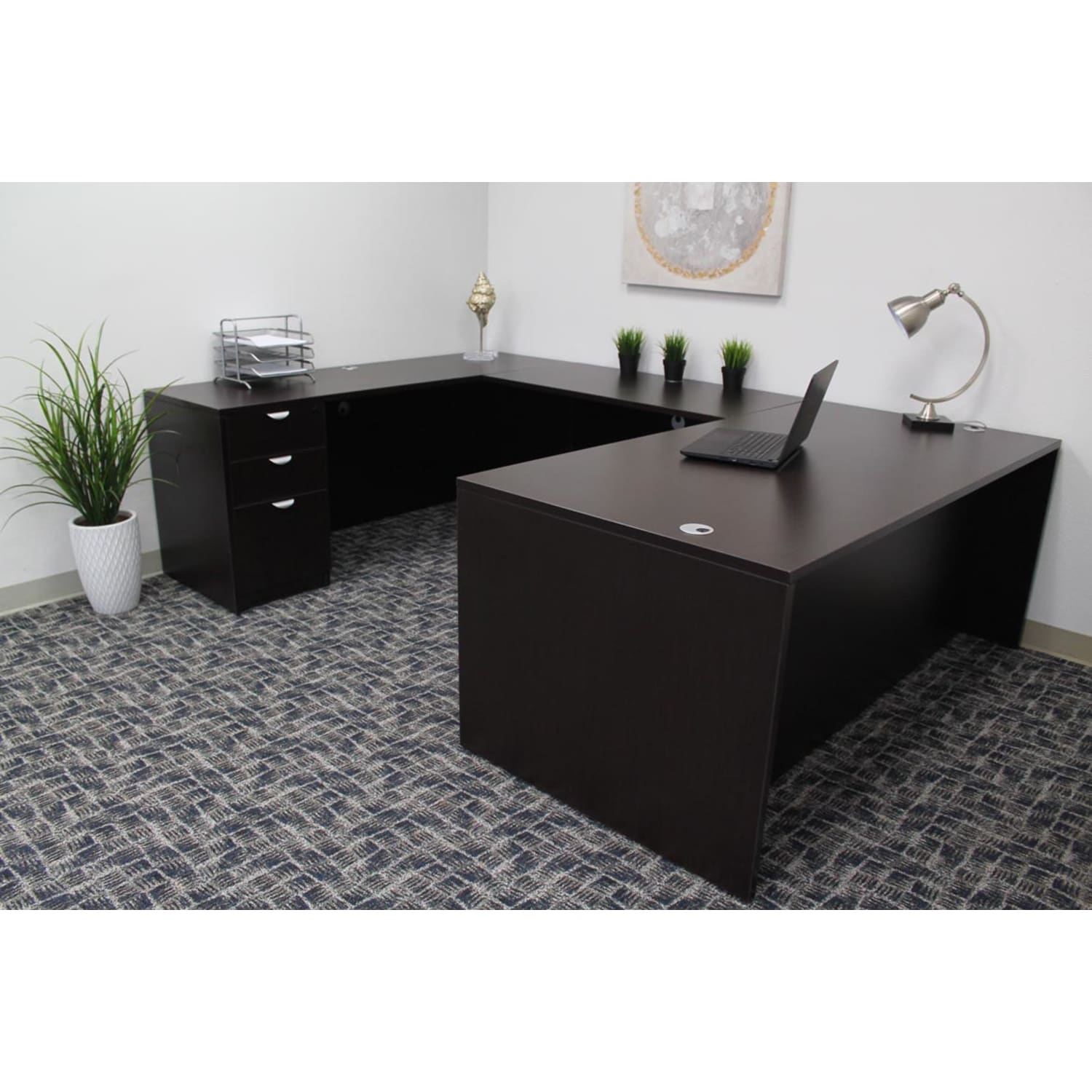 Boss Office Products 66inW Executive U-Shaped Desk with Box/Box/File Storage Pedestal, Mocha