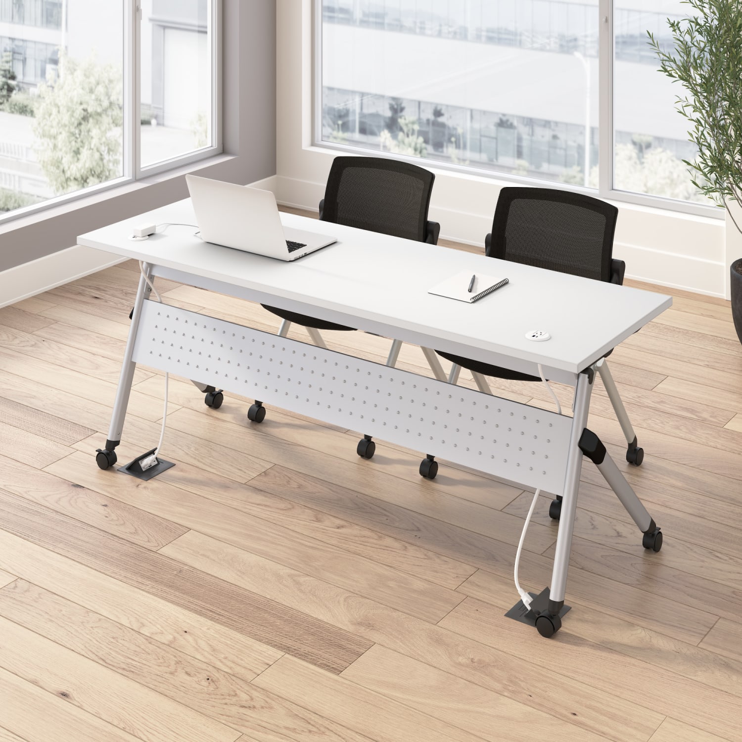 Bush Business Furniture Envision 72inW Folding Training Table with Powered Grommets and 2 Chairs, White/Cool Gray Metallic, Standard Delivery