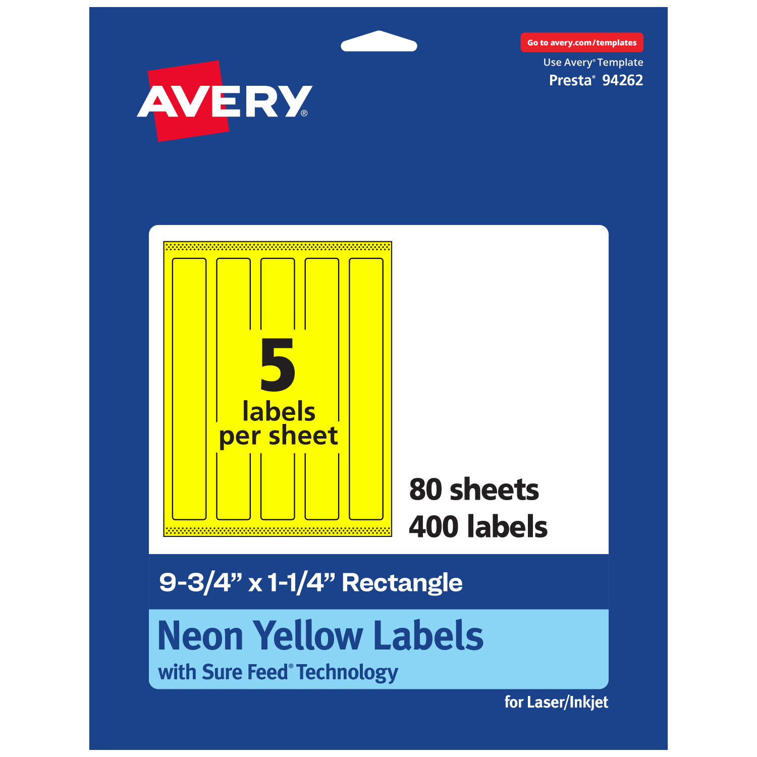 Avery Print-To-The-Edge Labels With Sure Feed Technology, 94262-NYP80, Rectangle, 9-3/4in x 1-1/4in, Matte Neon Yellow, Pack of 400