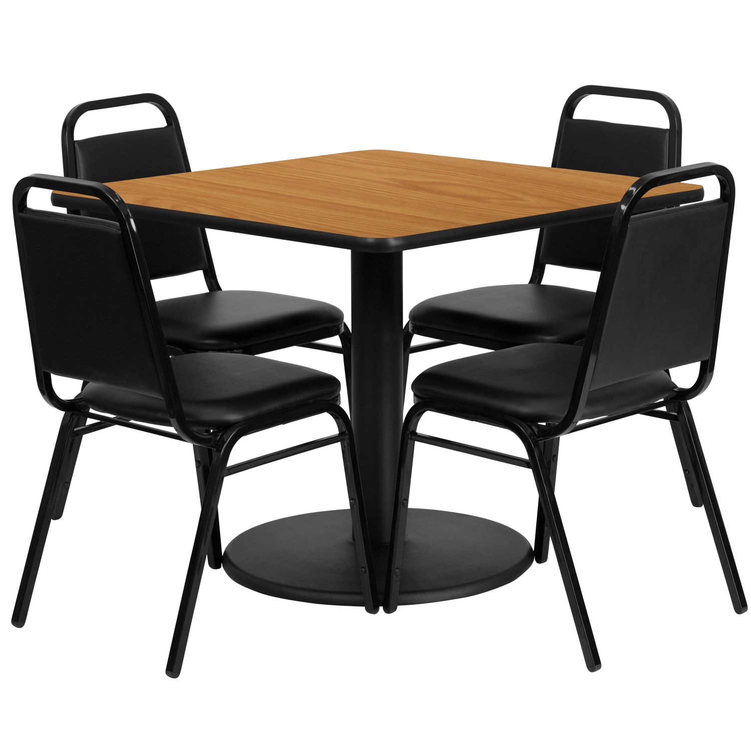 Flash Furniture Square Laminate Table Set With Round Base And 4 Trapezoidal Back Banquet Chairs, 30inH x 36inW x 36inD, Natural/Black - Image 3