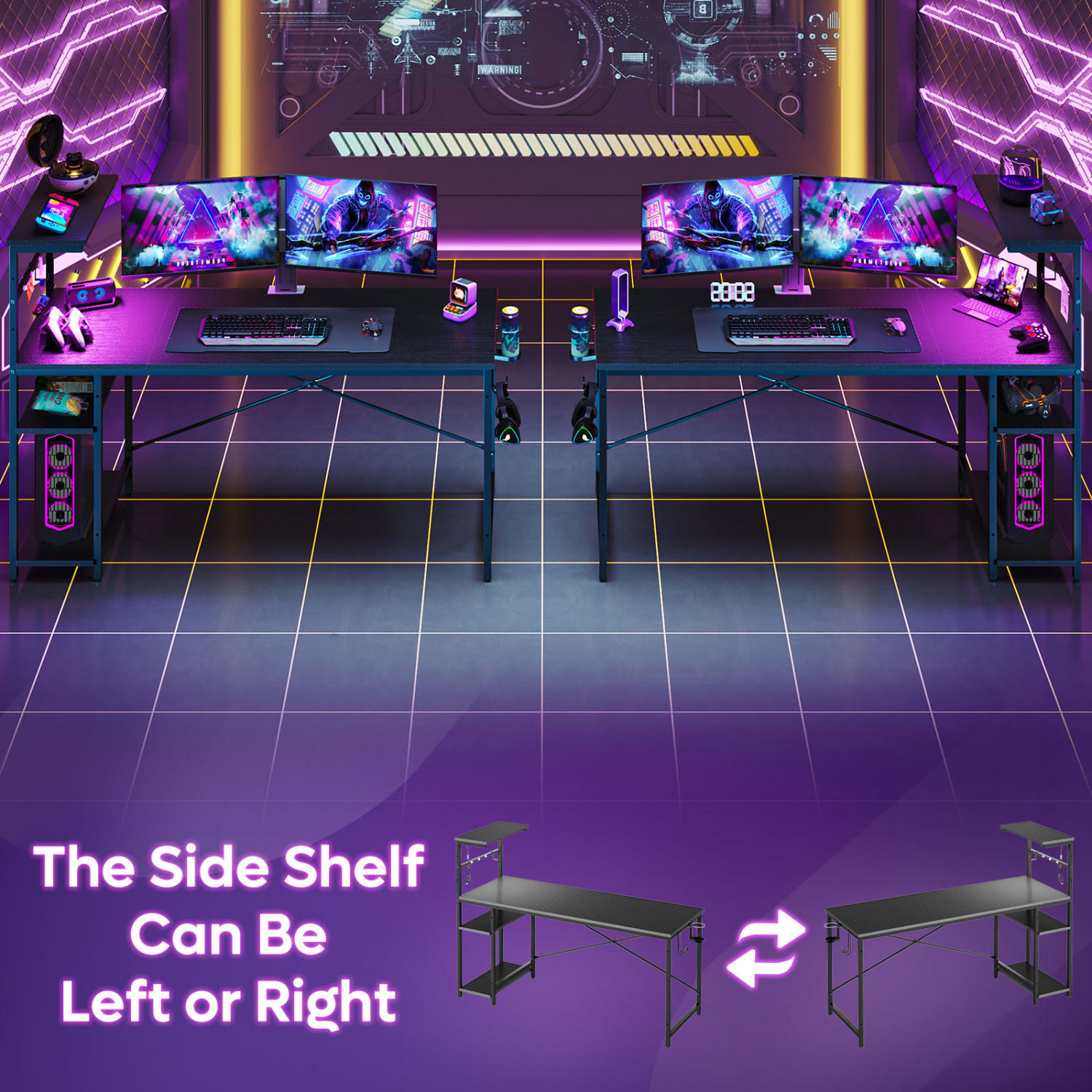 Bestier Gaming Computer Desk With RGB LED Lights And 4-Tier Storage Shelves, 61inW, Black Grained - Image 6