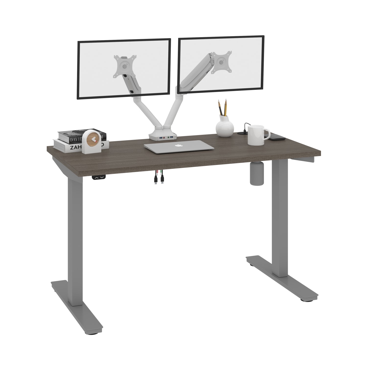 Bestar Upstand Electric 48inW Standing Desk With Dual Monitor Arm, Bark Gray - Image 3