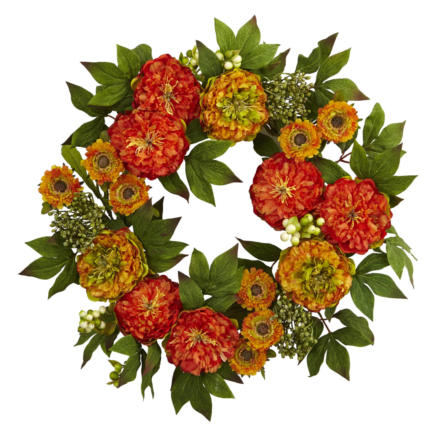 Nearly Natural Peony And Mum 24inH Plastic Wreath, 24inH x 24inW x 3inD, Orange - Image 3