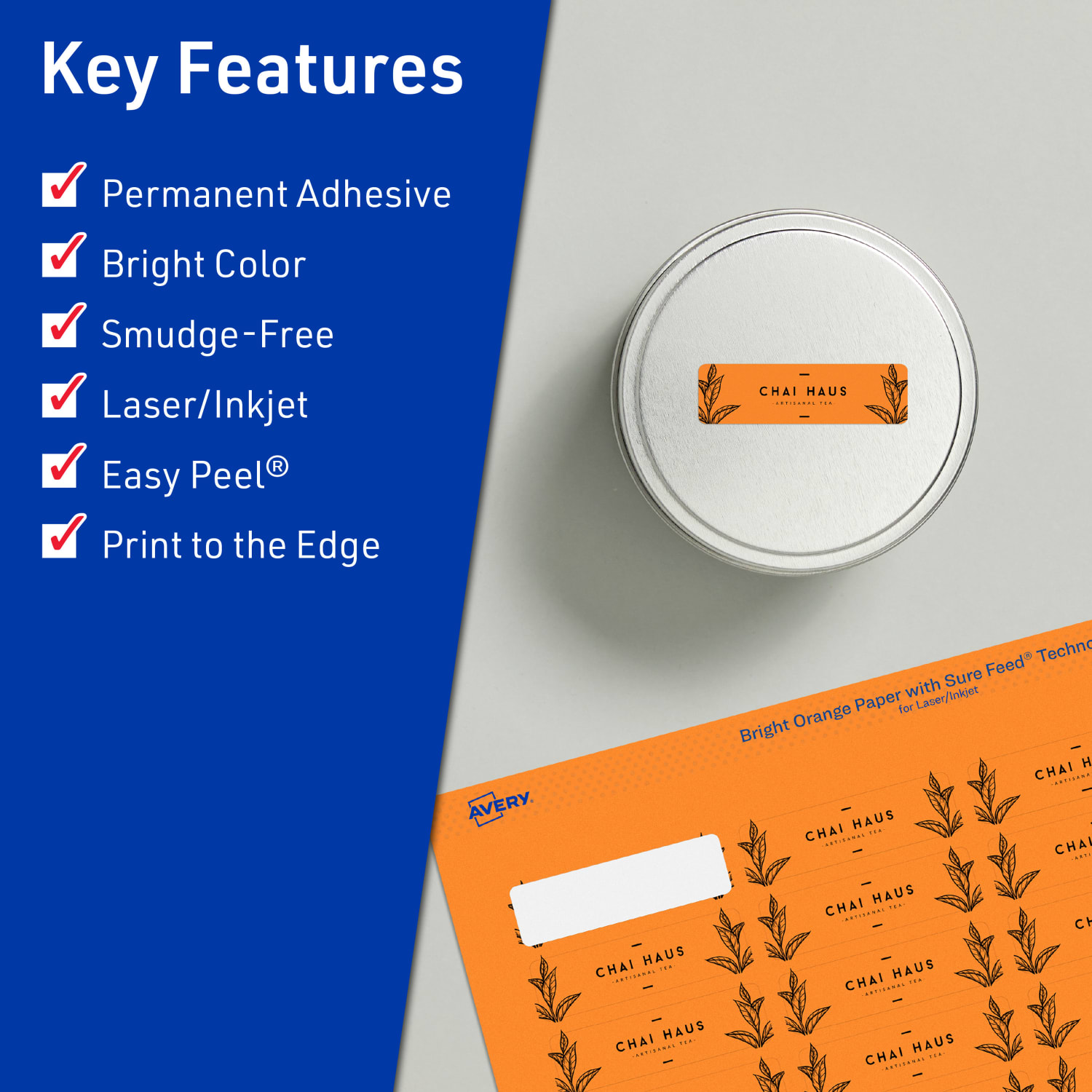 Avery Print-To-The-Edge Labels With Sure Feed Technology And Easy Peel, 94219-BOP80, Rectangle, 1in x 1-1/2in, Matte Bright Orange, Pack of 2560 - Image 3