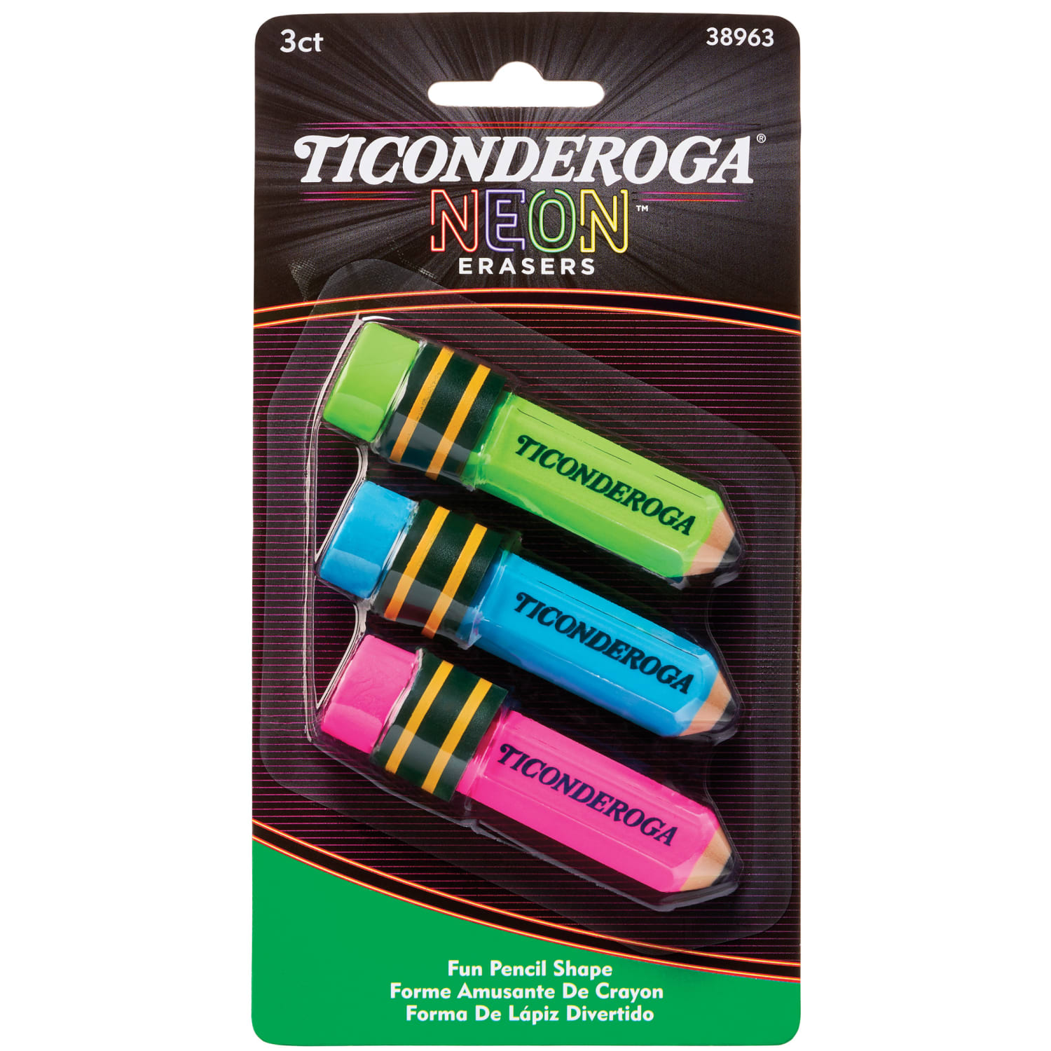 Ticonderoga Pencil-Shaped Erasers, 3in x 3/4in, Neon, 3 Erasers Per Pack, Set Of 6 Packs - Image 4