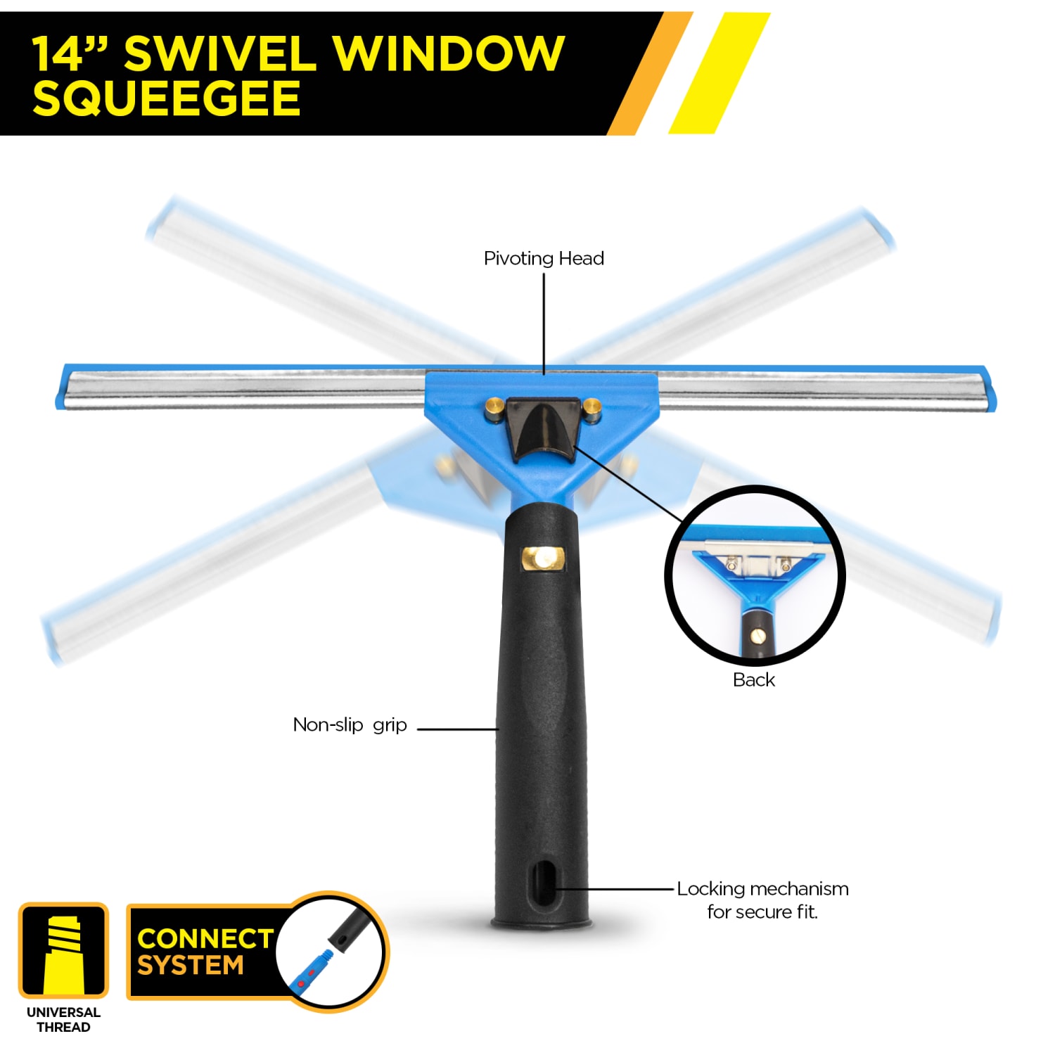 Gritt Commercial Swivel Window Squeegee With Quick Release, 14in x 1in, Black/Blue - Image 6