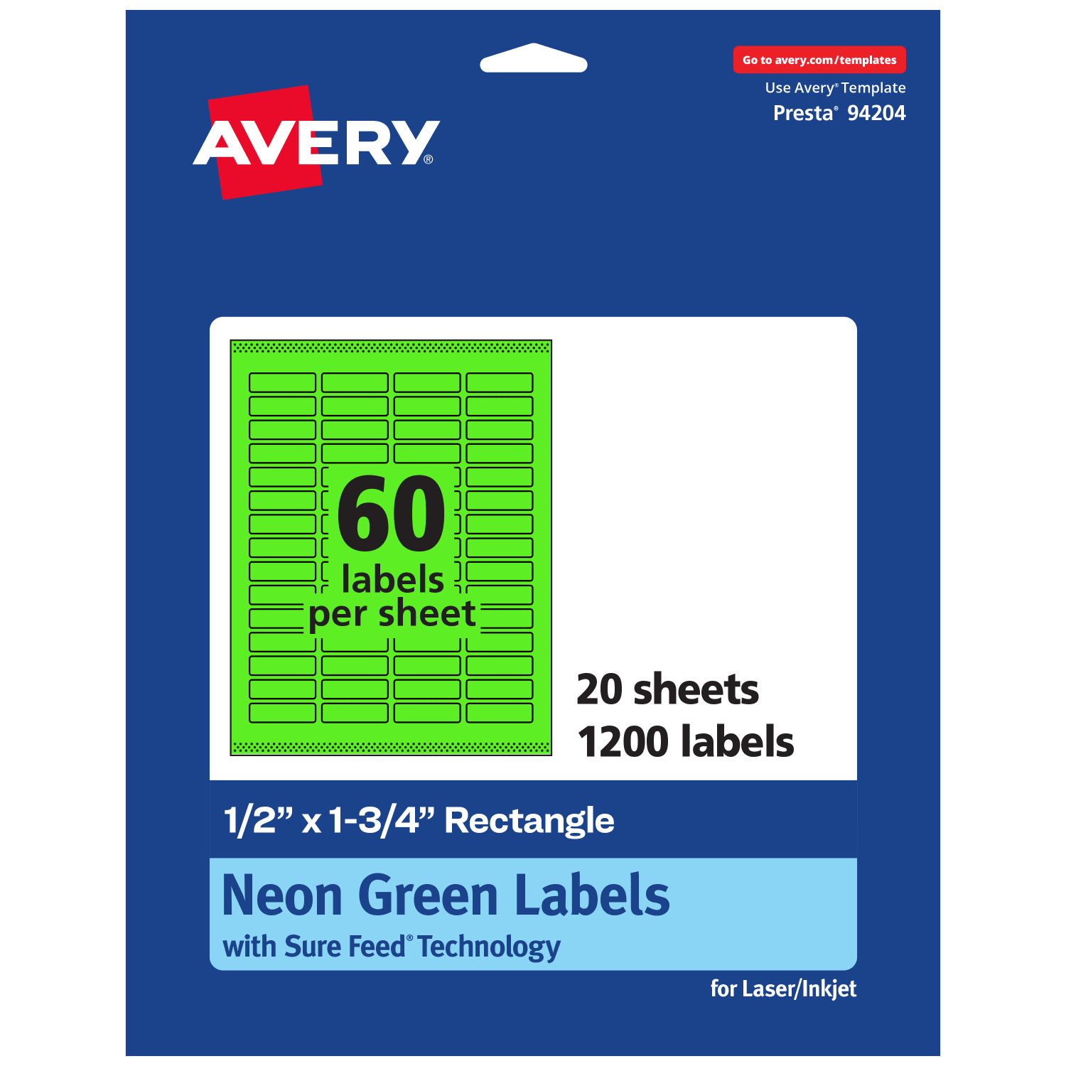 Avery Print-To-The-Edge Labels With Sure Feed Technology And Easy Peel, 94204-NGP20, Rectangle, 1/2in x 1-3/4in, Matte Neon Green, Pack of 1200