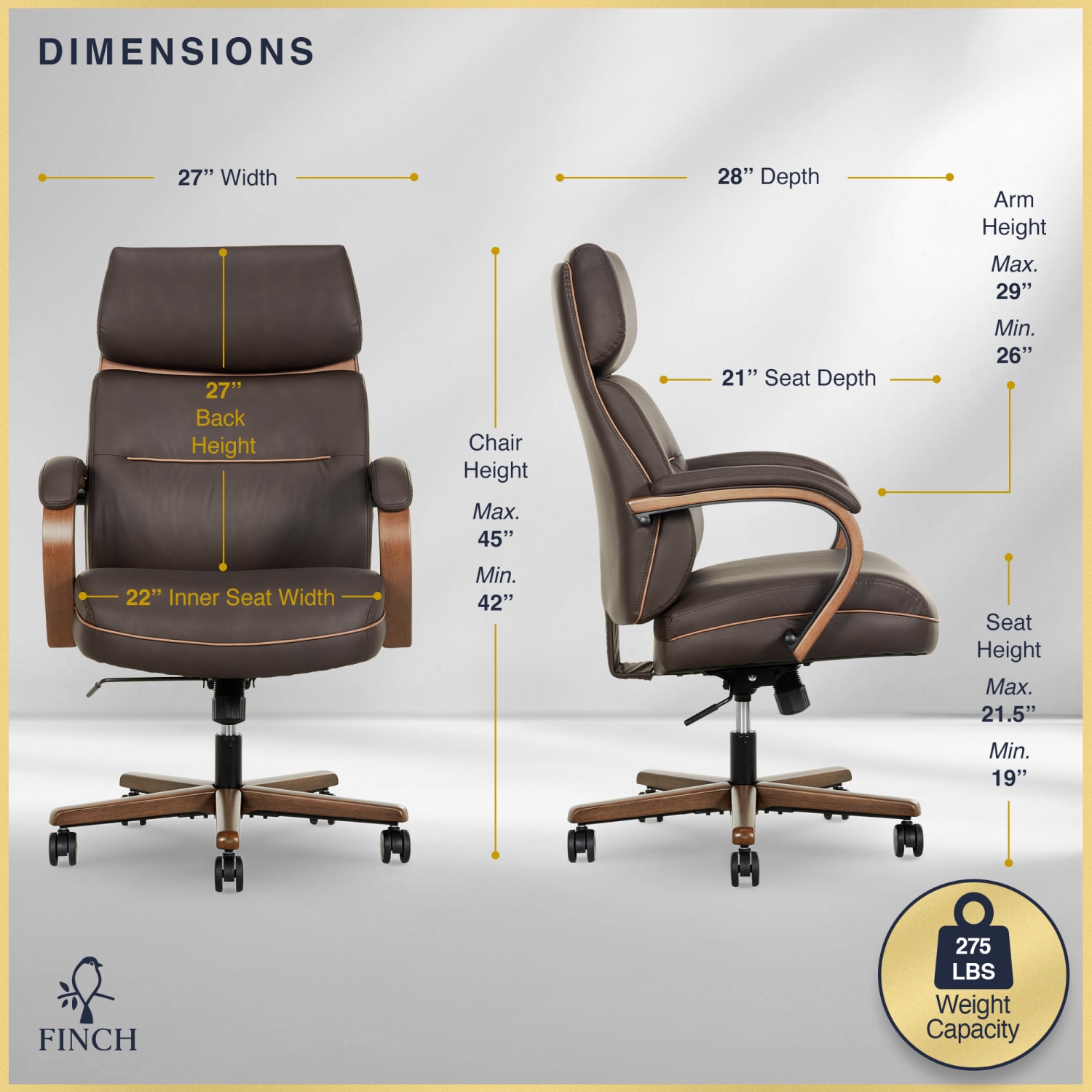 Finch Neo Two Ergonomic Vegan Leather Mid-Back Executive Office Chair, Brown/Cognac - Image 4