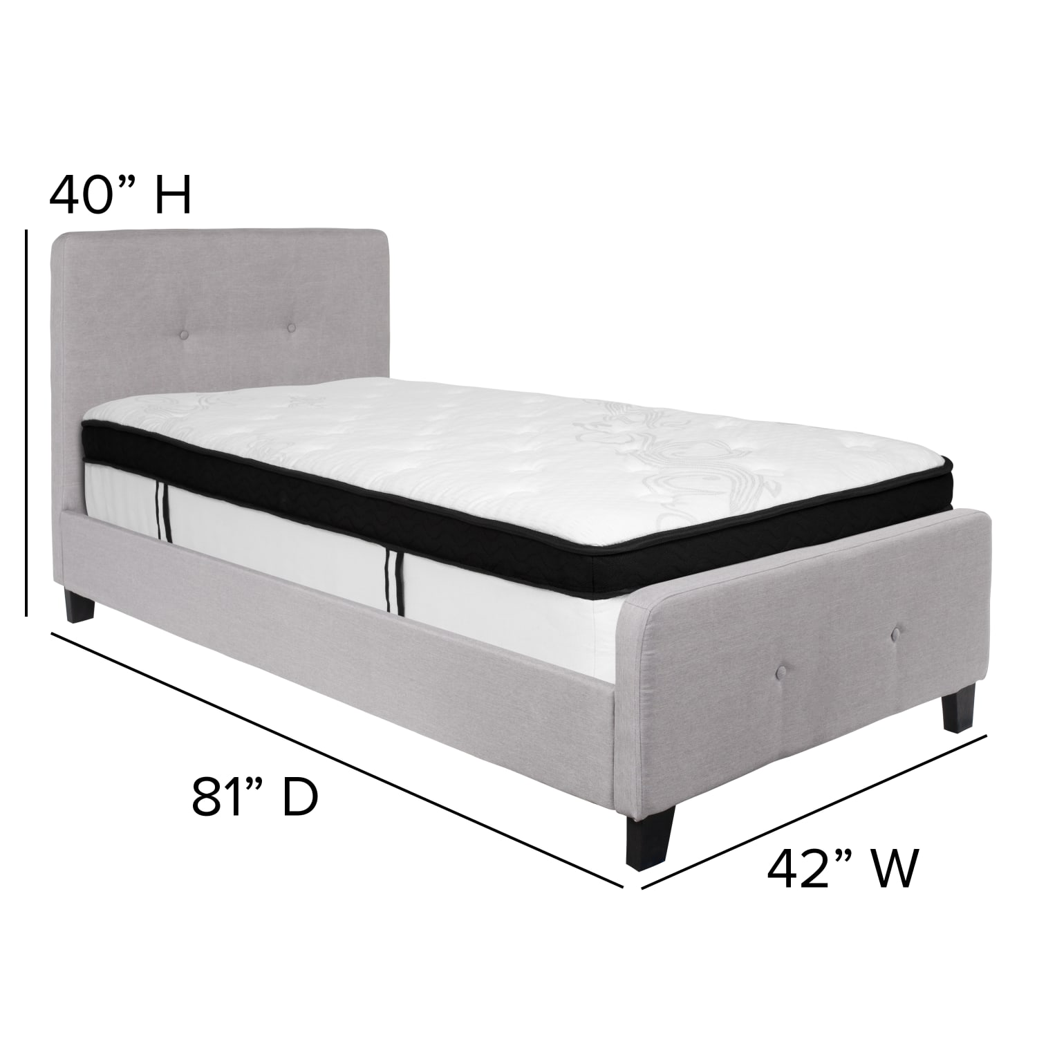 Flash Furniture Tribeca Button Tufted Upholstered Platform Bed with Memory Foam Pocket Spring Mattress, Twin, 40inH x 42inW x 81inL, Light Gray - Image 4