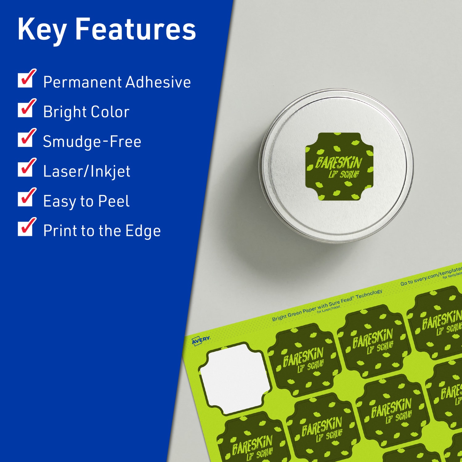 Avery Print-To-The-Edge Labels With Sure Feed Technology, 94110-BGP20, Square Scalloped, 1-5/8in x 1-5/8in, Matte Bright Green, Pack of 400 - Image 3