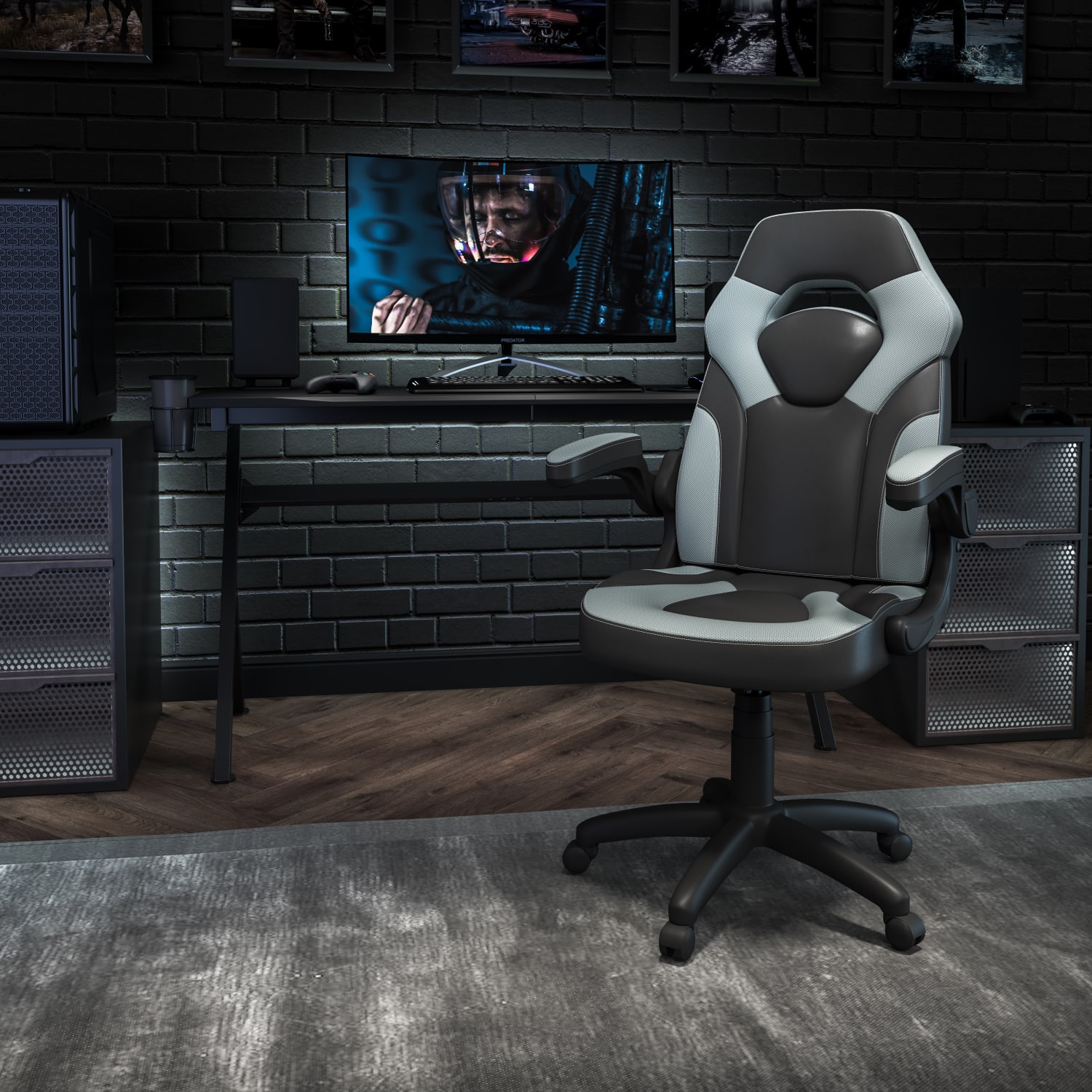 Flash Furniture X10 Ergonomic LeatherSoft Faux Leather High-Back Racing Gaming Chair With Flip-Up Arms, Gray/Black