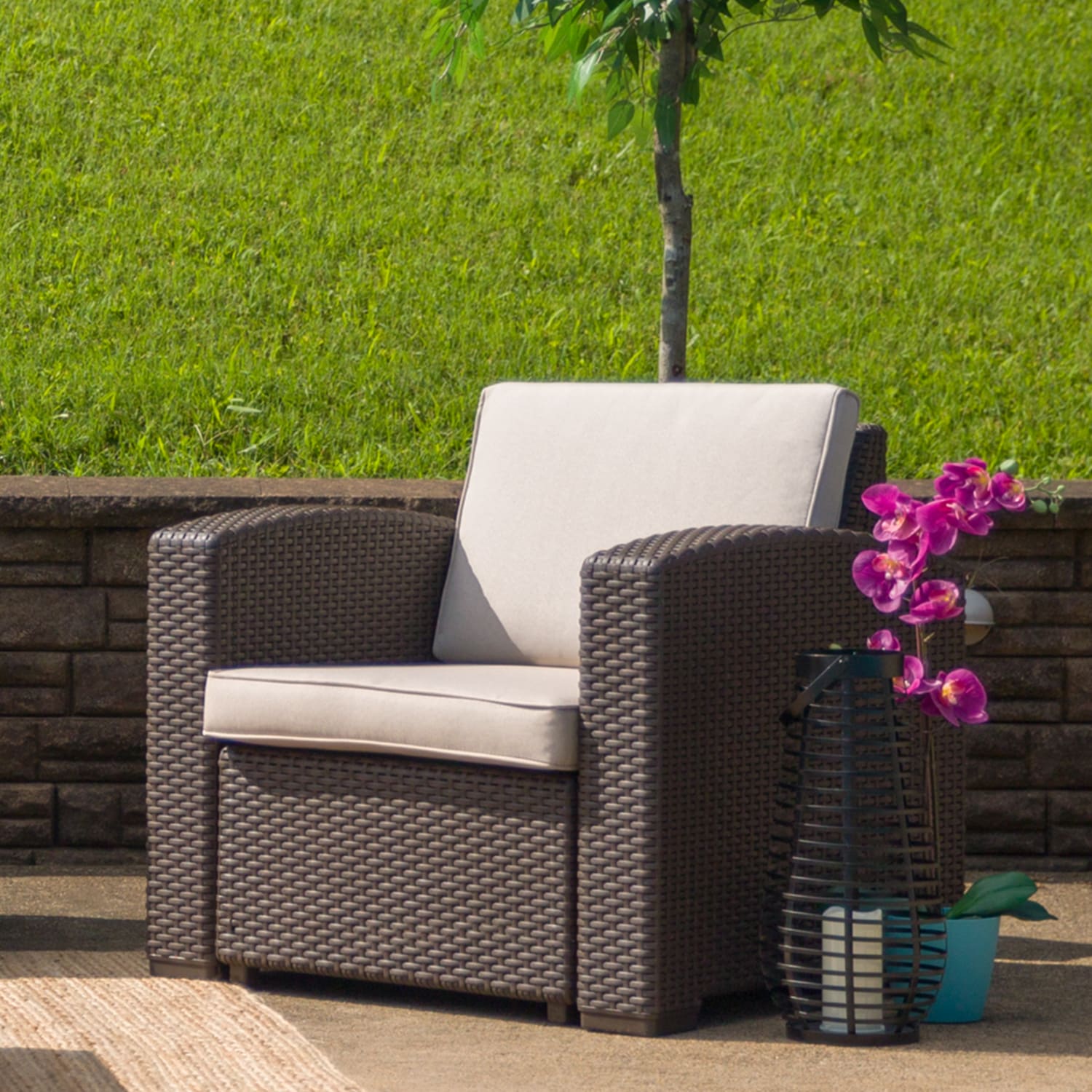 Flash Furniture Faux Rattan Outdoor Chair With Curved Arms And All Weather Cushion Chocolate Brown PopularChairscom
