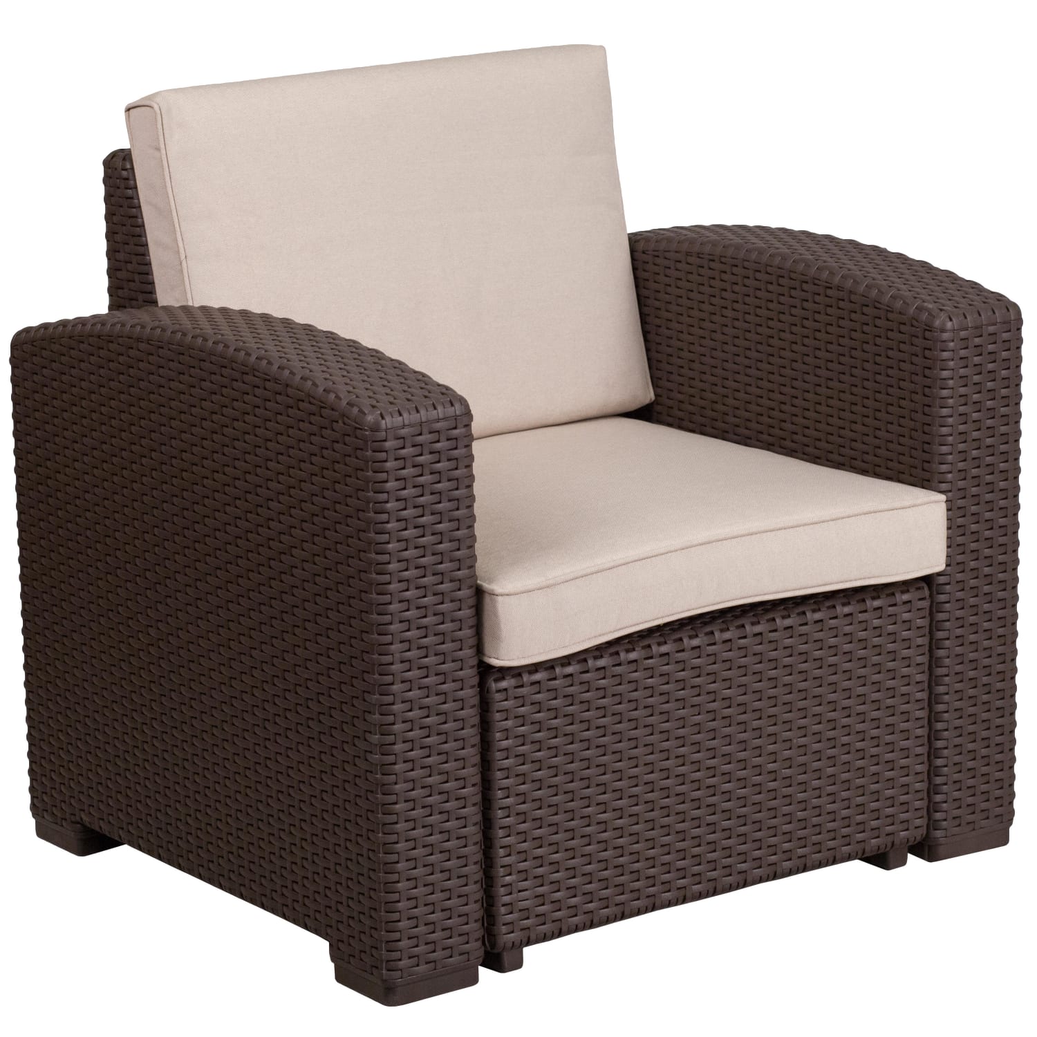 Flash Furniture Faux Rattan Outdoor Chair With Curved Arms And All-Weather Cushion, Chocolate Brown - Image 3