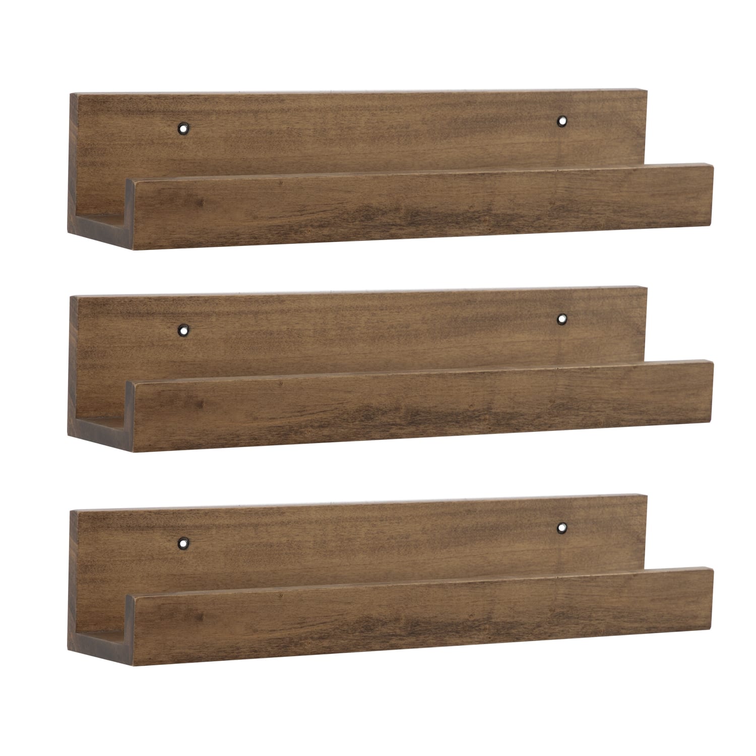 Kate and Laurel Levie Wooden Picture Ledge Wall Shelf Set, 3-1/2inH x 18inW x 3-1/2inD, Rustic Brown, Set Of 3 Shelves