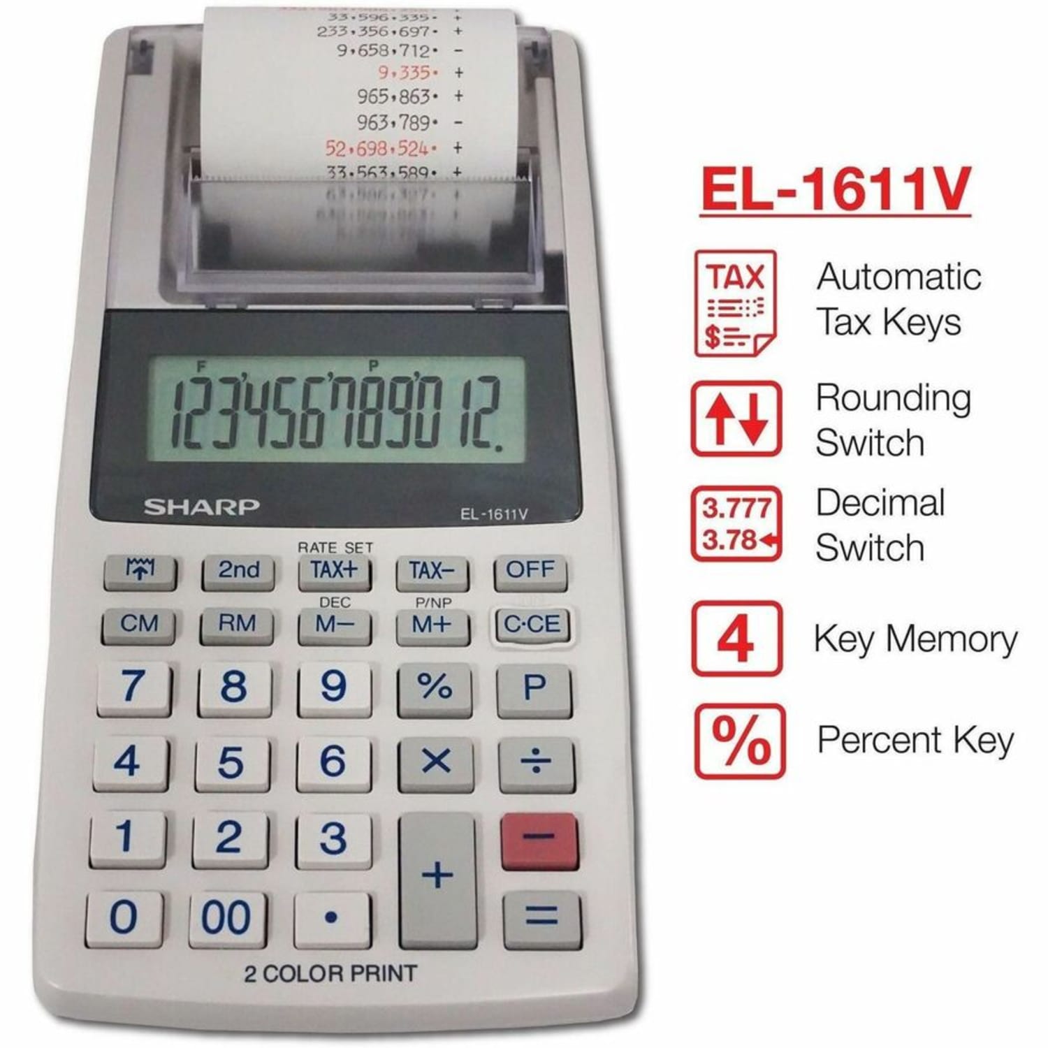 Sharp EL-1611V 12-digit Mini Printing Calculator, White - Image 5