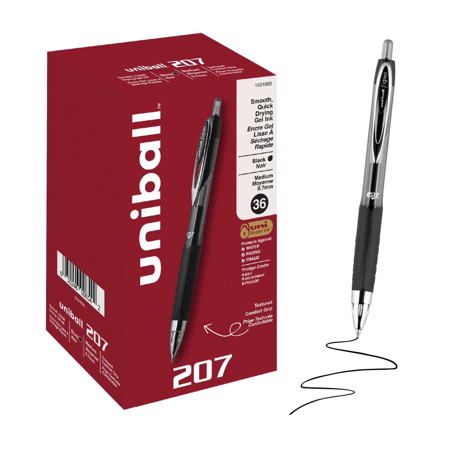 uni-ball 207 Retractable Fraud Prevention Gel Pens, Medium Point, 0.7 mm, Black Barrel, Black Ink, Pack Of 36