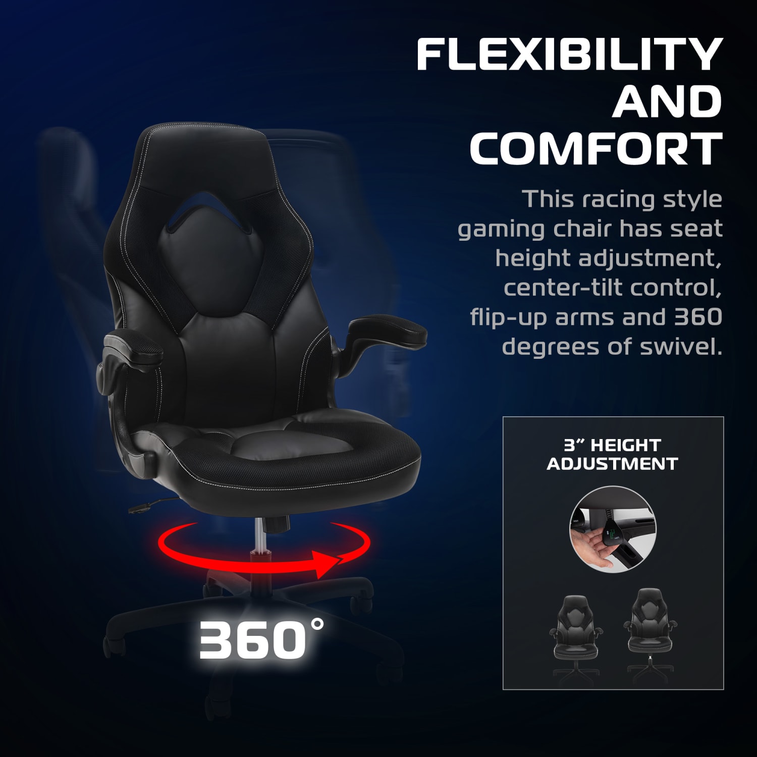 Respawn Racing Style Ergonomic Bonded Leather Computer Gaming Chair, Black - Image 5