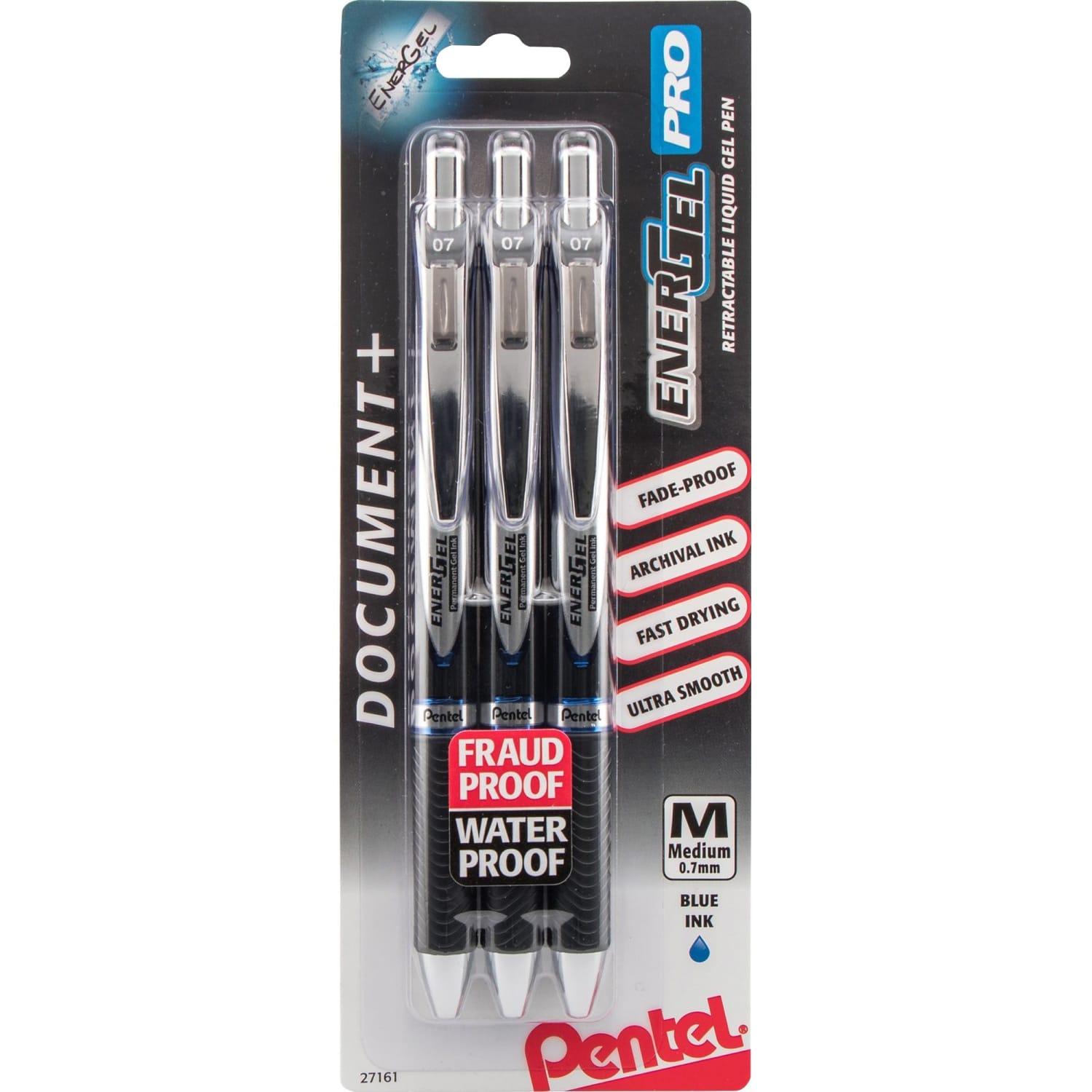 EnerGel PRO Pigment Gel Pens, Medium Point, 0.7 mm, Blue Barrel, Blue Ink, Pack Of 3 - Image 3